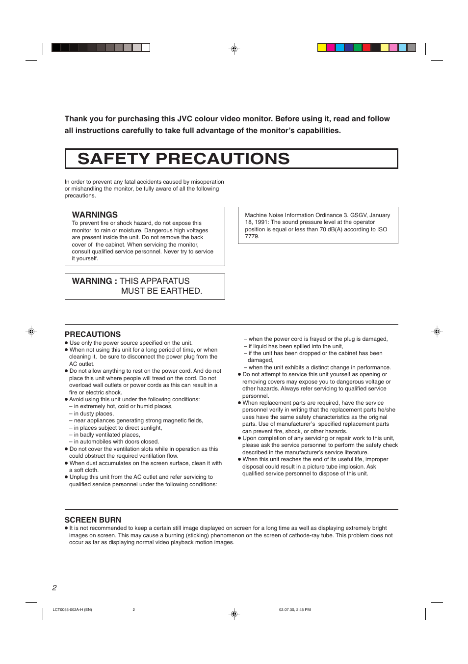Safety precautions, Warnings, Warning : this apparatus must be earthed | JVC TM-2100PN User Manual | Page 4 / 84