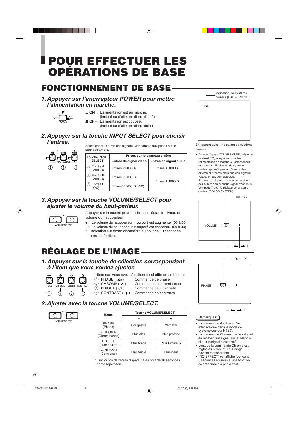 Pour effectuer les opérations de base, Fonctionnement de base réglage de l’image, Ajuster avec la touche volume/select | JVC TM-2100PN User Manual | Page 40 / 84