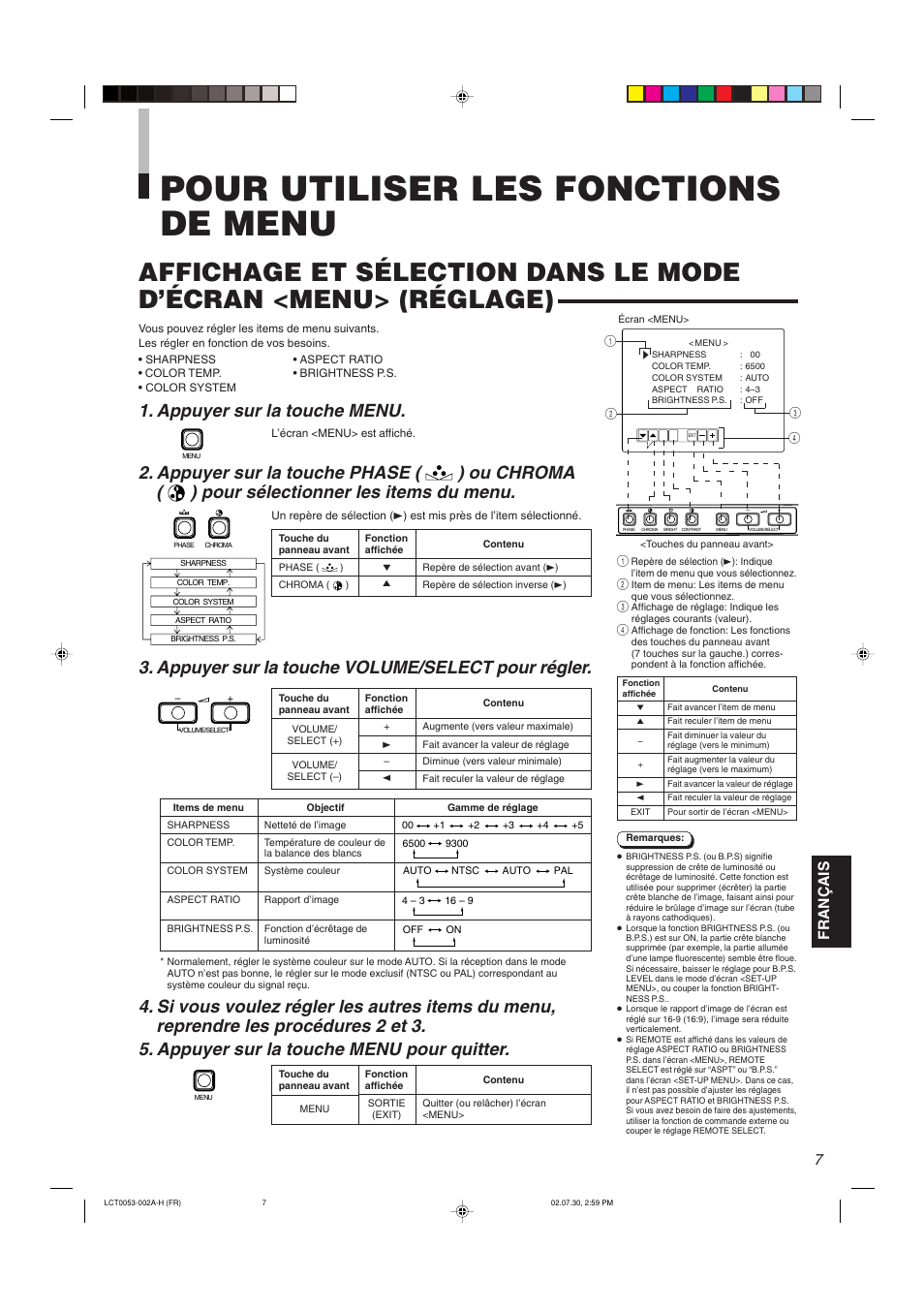 Pour utiliser les fonctions de menu, Appuyer sur la touche volume/select pour régler, Appuyer sur la touche menu | Fran ç ais | JVC TM-2100PN User Manual | Page 41 / 84