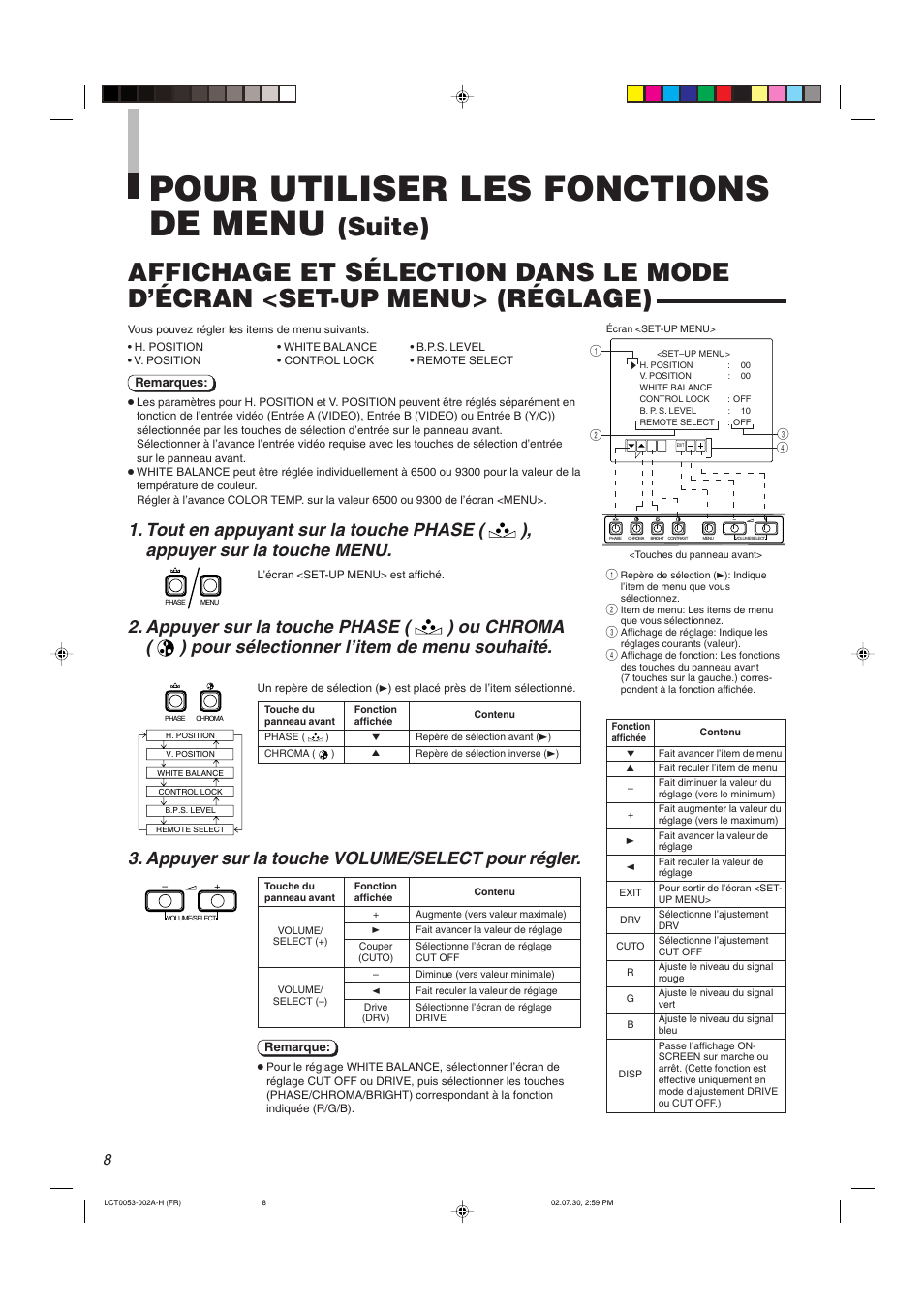 Pour utiliser les fonctions de menu, Appuyer sur la touche volume/select pour régler | JVC TM-2100PN User Manual | Page 42 / 84