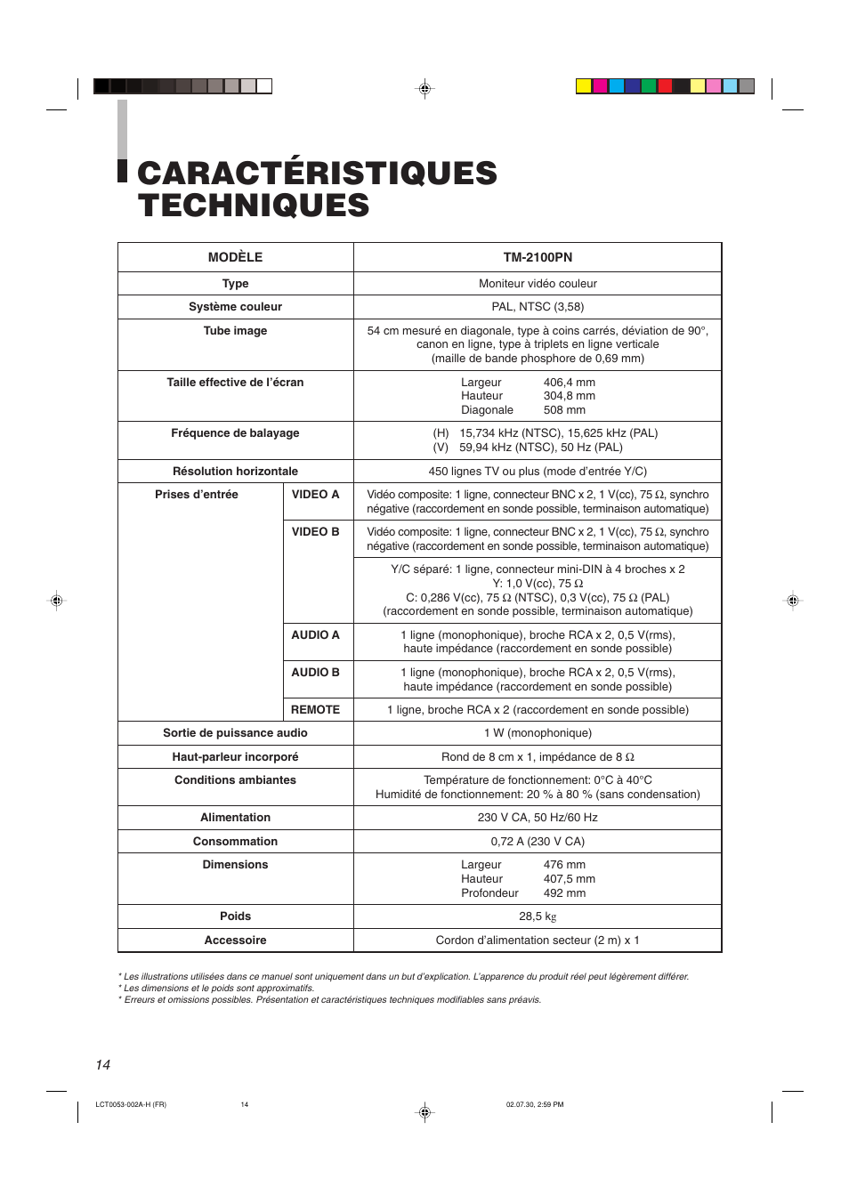 Caractéristiques techniques | JVC TM-2100PN User Manual | Page 48 / 84