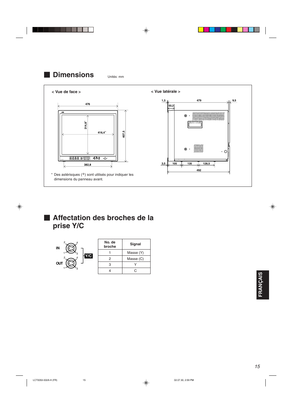 Dimensions, Affectation des broches de la prise y/c, Fran ç ais | JVC TM-2100PN User Manual | Page 49 / 84