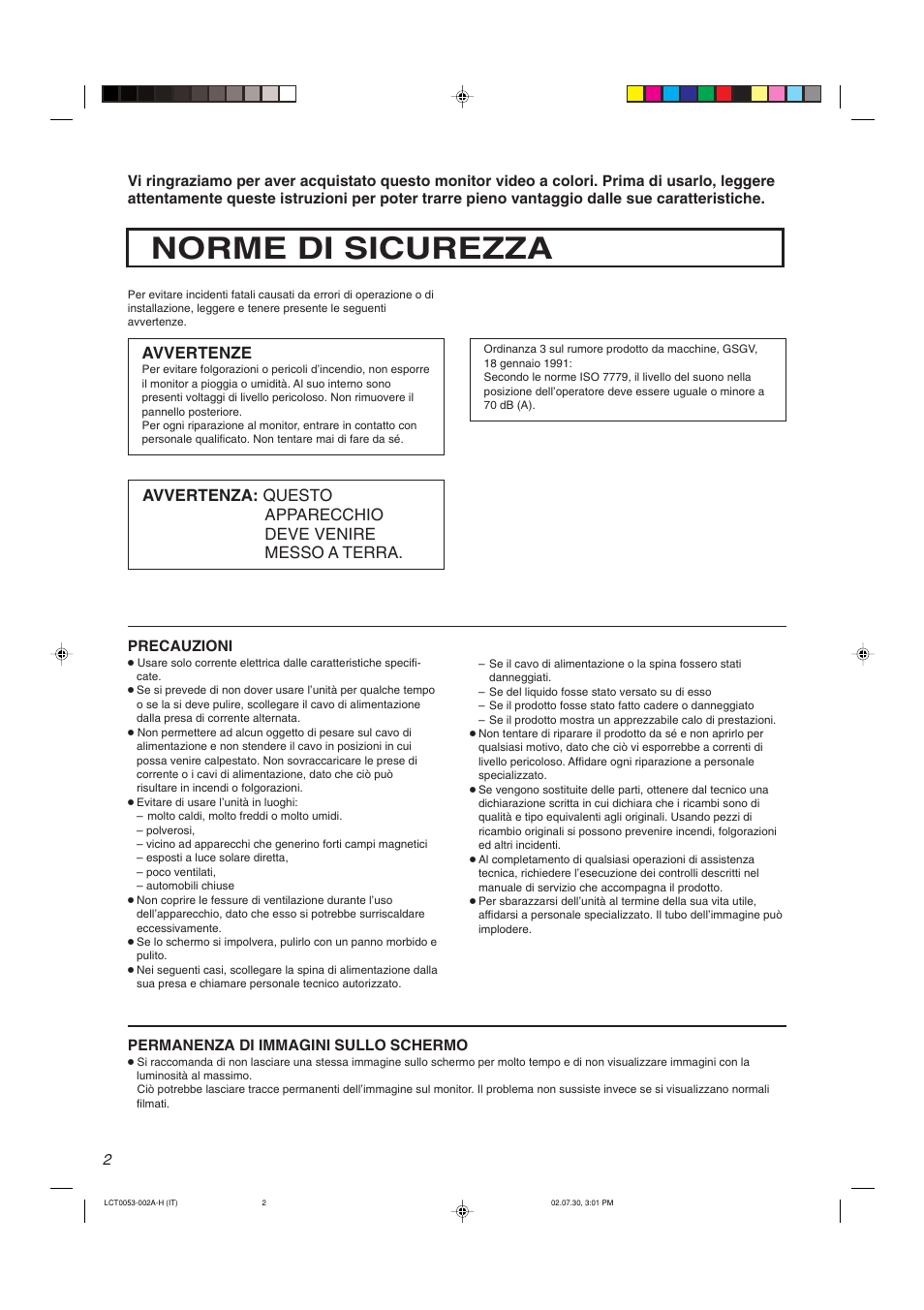 Norme di sicurezza, Avvertenze | JVC TM-2100PN User Manual | Page 52 / 84