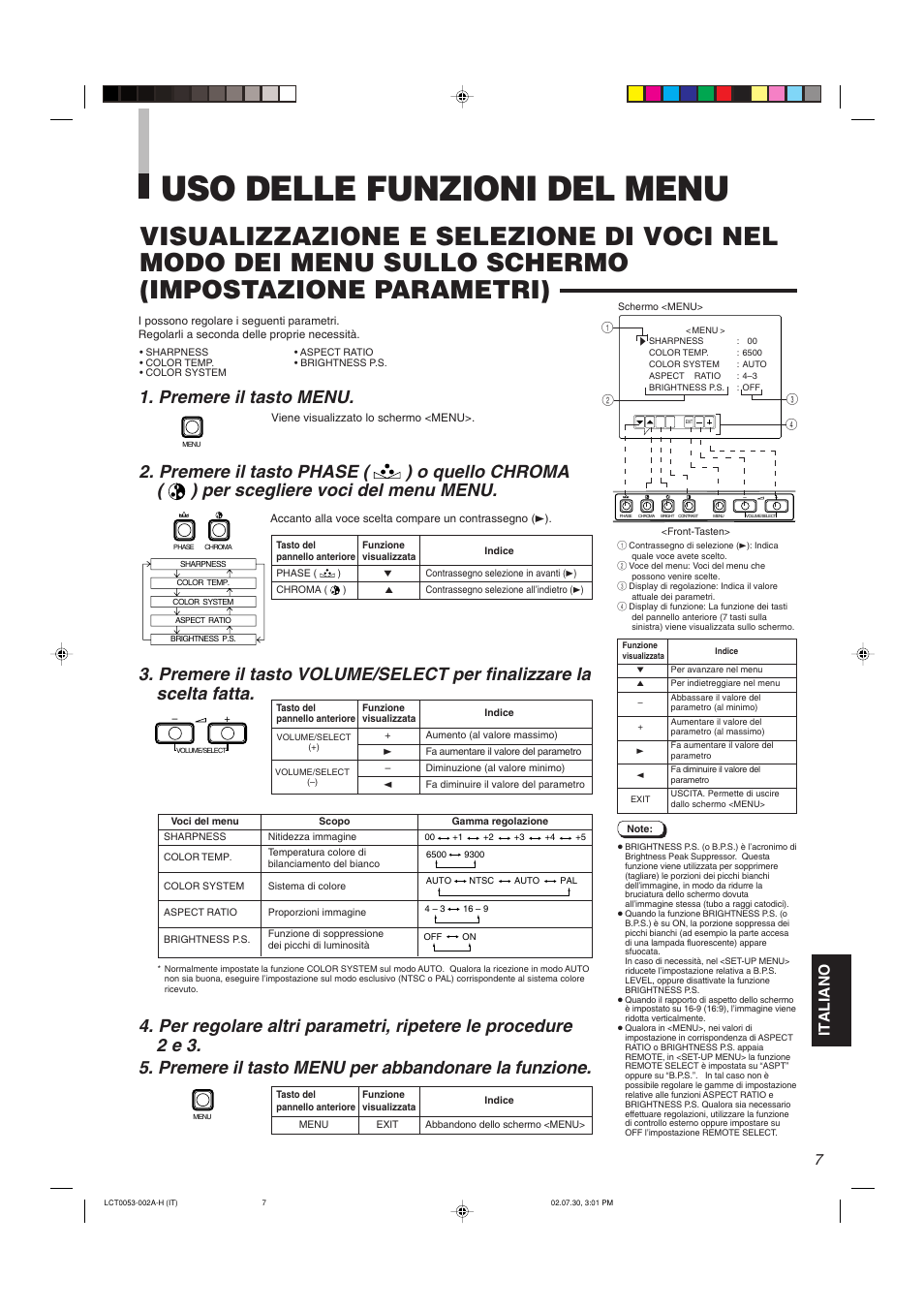 Uso delle funzioni del menu, Premere il tasto menu, Italiano | JVC TM-2100PN User Manual | Page 57 / 84