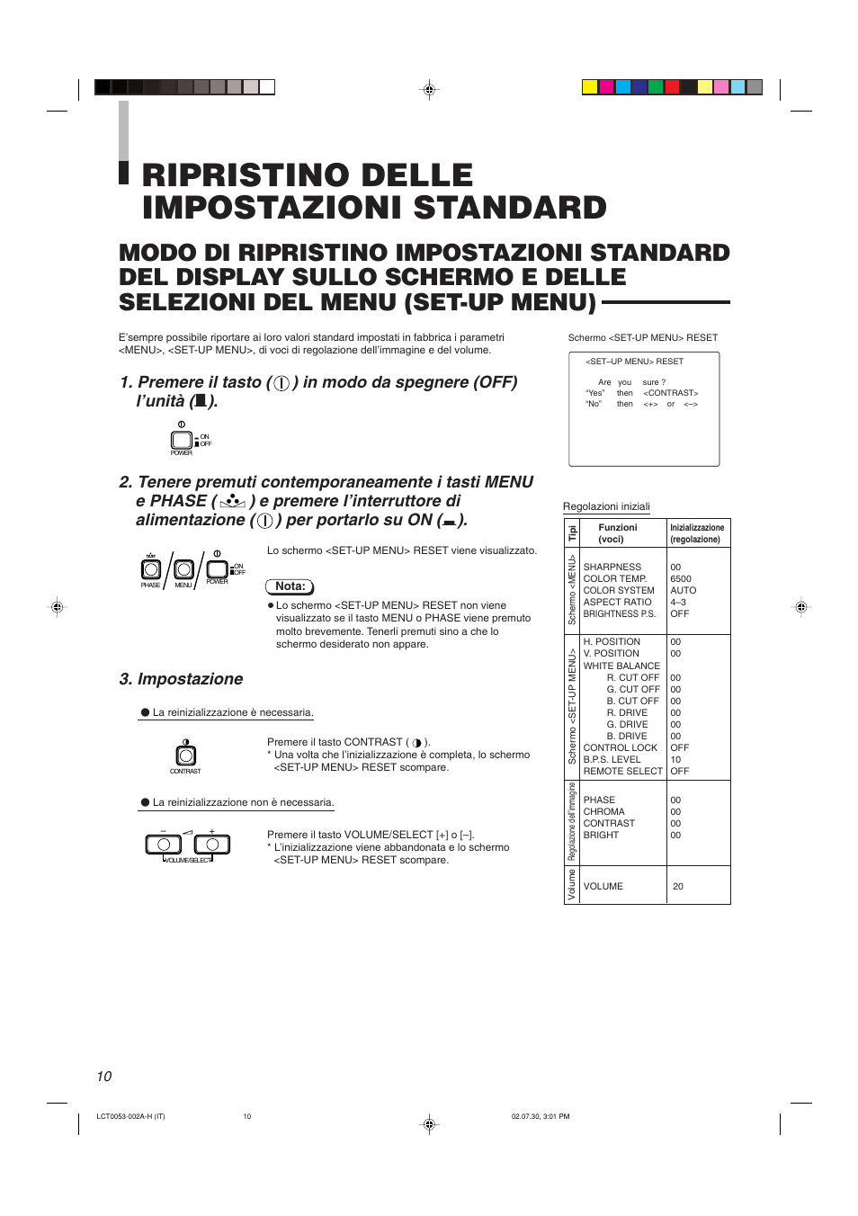 Ripristino delle impostazioni standard, Impostazione | JVC TM-2100PN User Manual | Page 60 / 84