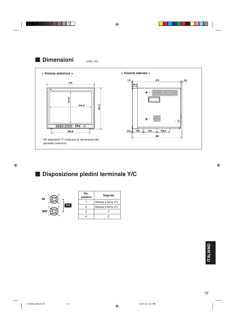 Dimensioni, Disposizione piedini terminale y/c, Italiano | JVC TM-2100PN User Manual | Page 65 / 84