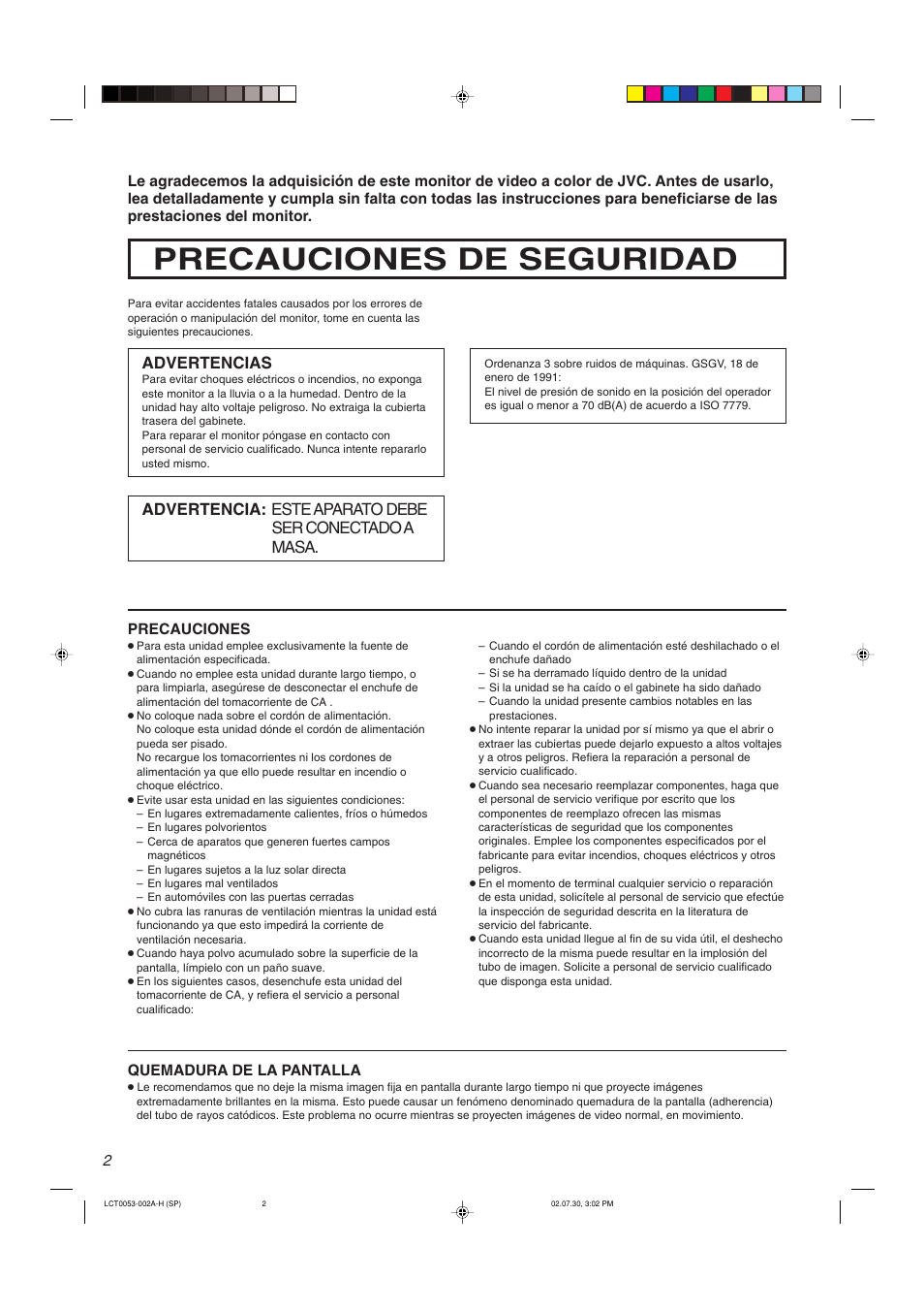 Precauciones de seguridad, Advertencias | JVC TM-2100PN User Manual | Page 68 / 84