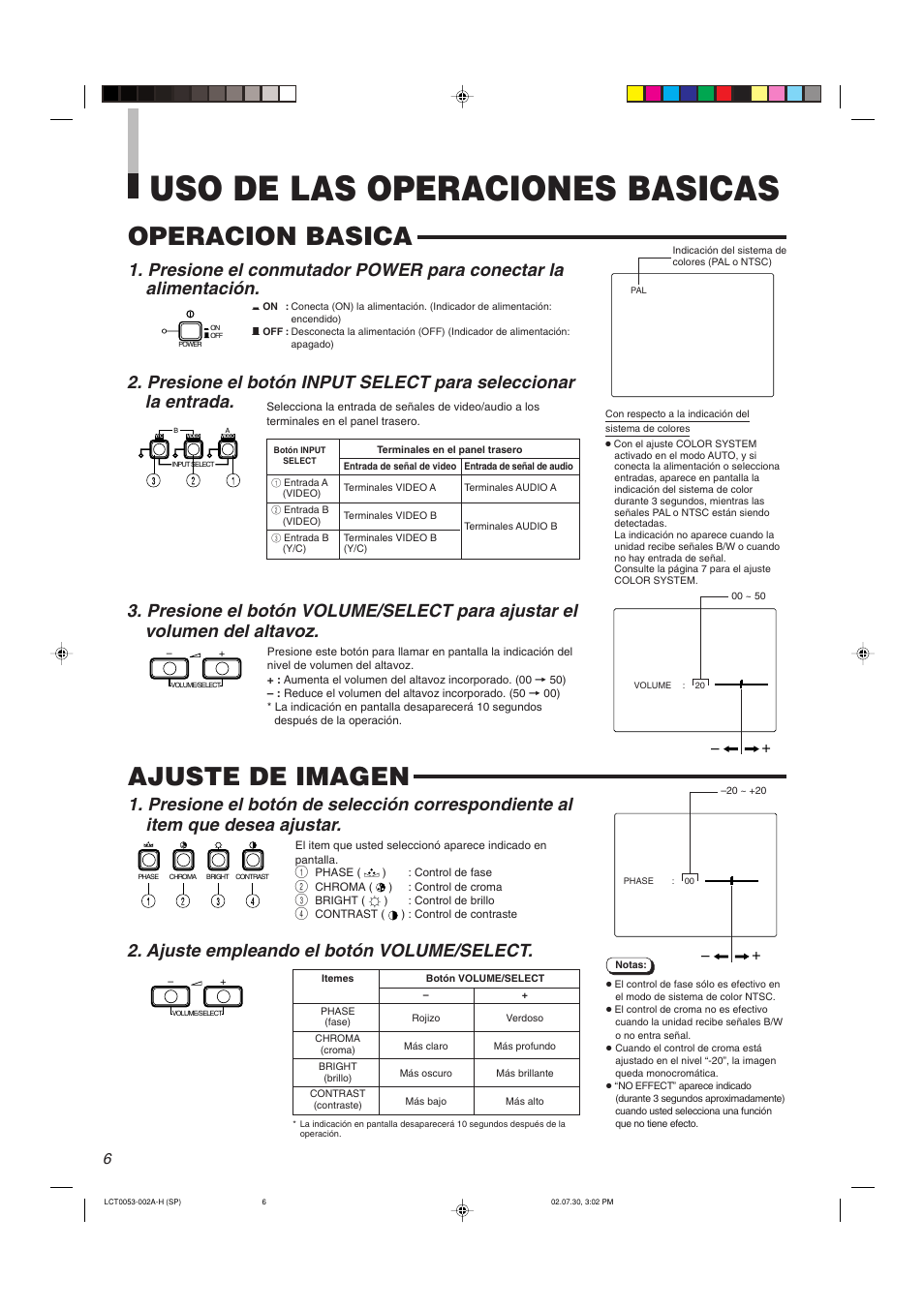 Uso de las operaciones basicas, Operacion basica ajuste de imagen, Ajuste empleando el botón volume/select | JVC TM-2100PN User Manual | Page 72 / 84