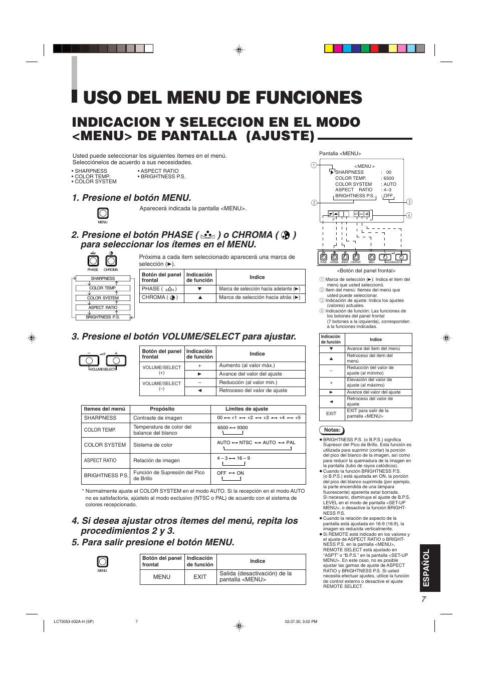 Uso del menu de funciones, Presione el botón volume/select para ajustar, Presione el botón menu | Espa ñ ol | JVC TM-2100PN User Manual | Page 73 / 84