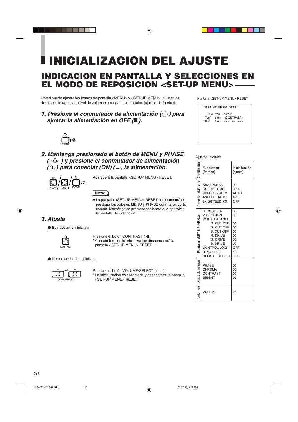 Inicializacion del ajuste, La alimentación. 3. ajuste | JVC TM-2100PN User Manual | Page 76 / 84