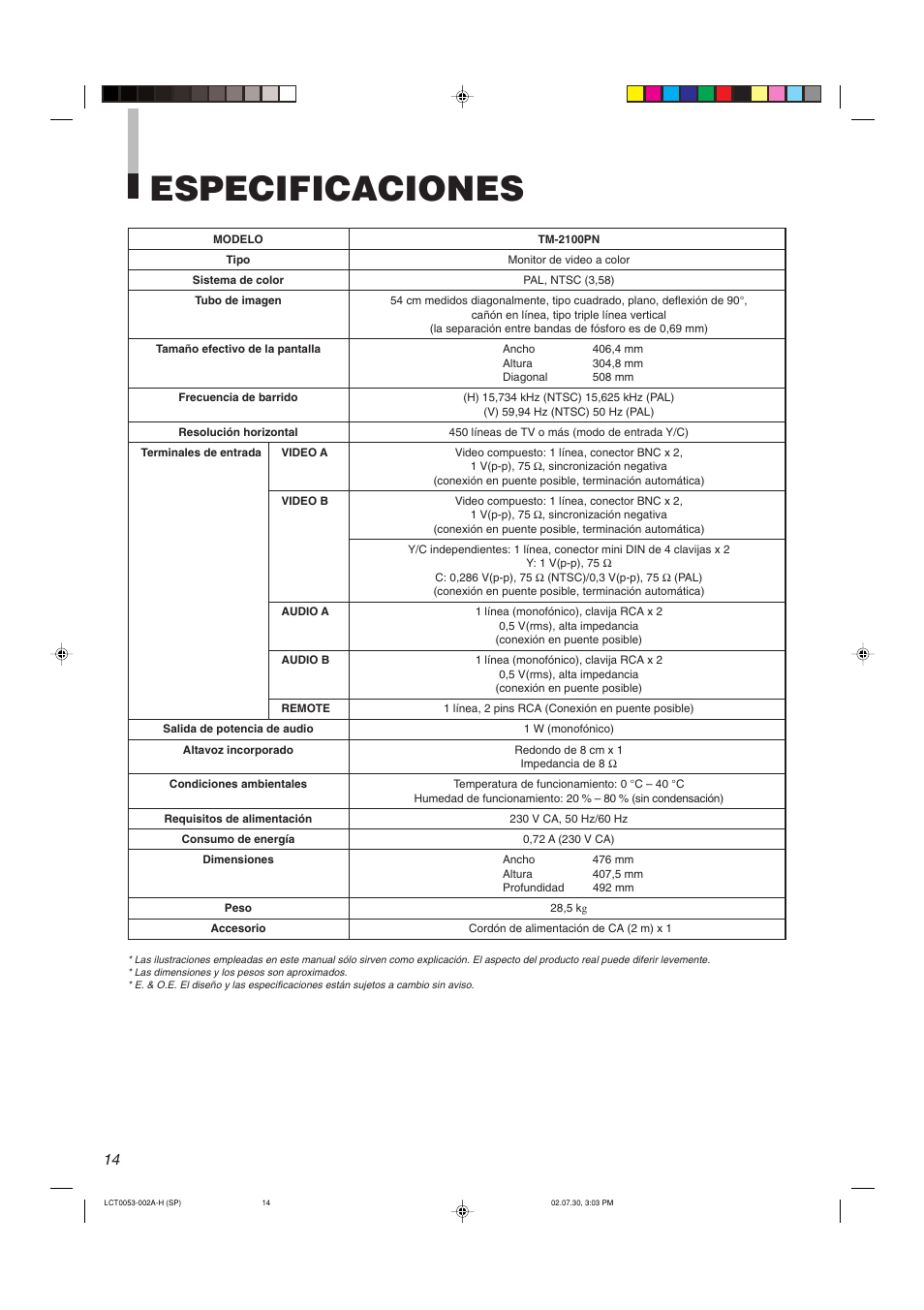 Especificaciones | JVC TM-2100PN User Manual | Page 80 / 84