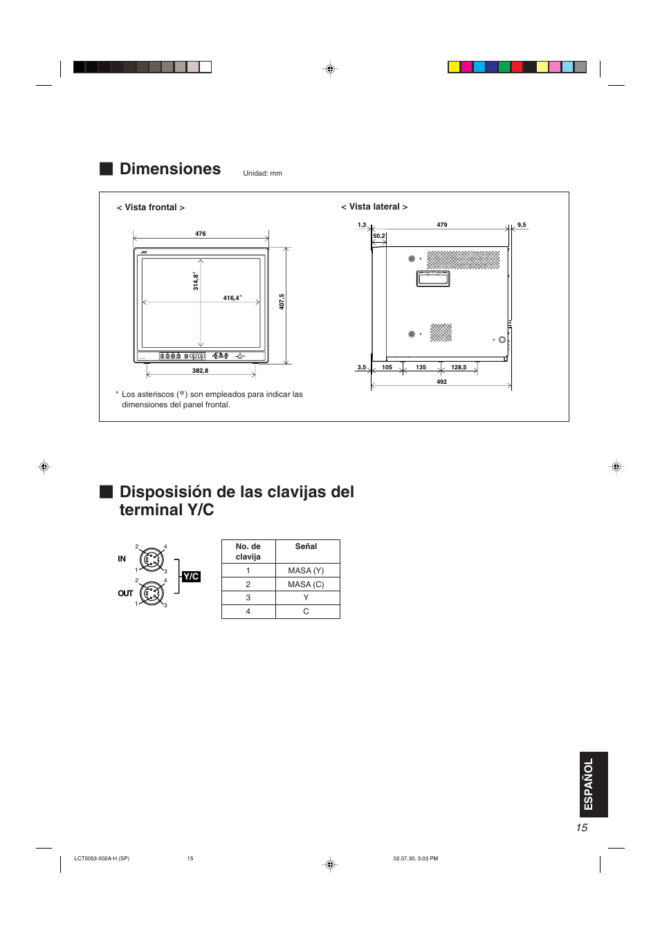 Dimensiones, Disposisión de las clavijas del terminal y/c, Espa ñ ol | JVC TM-2100PN User Manual | Page 81 / 84