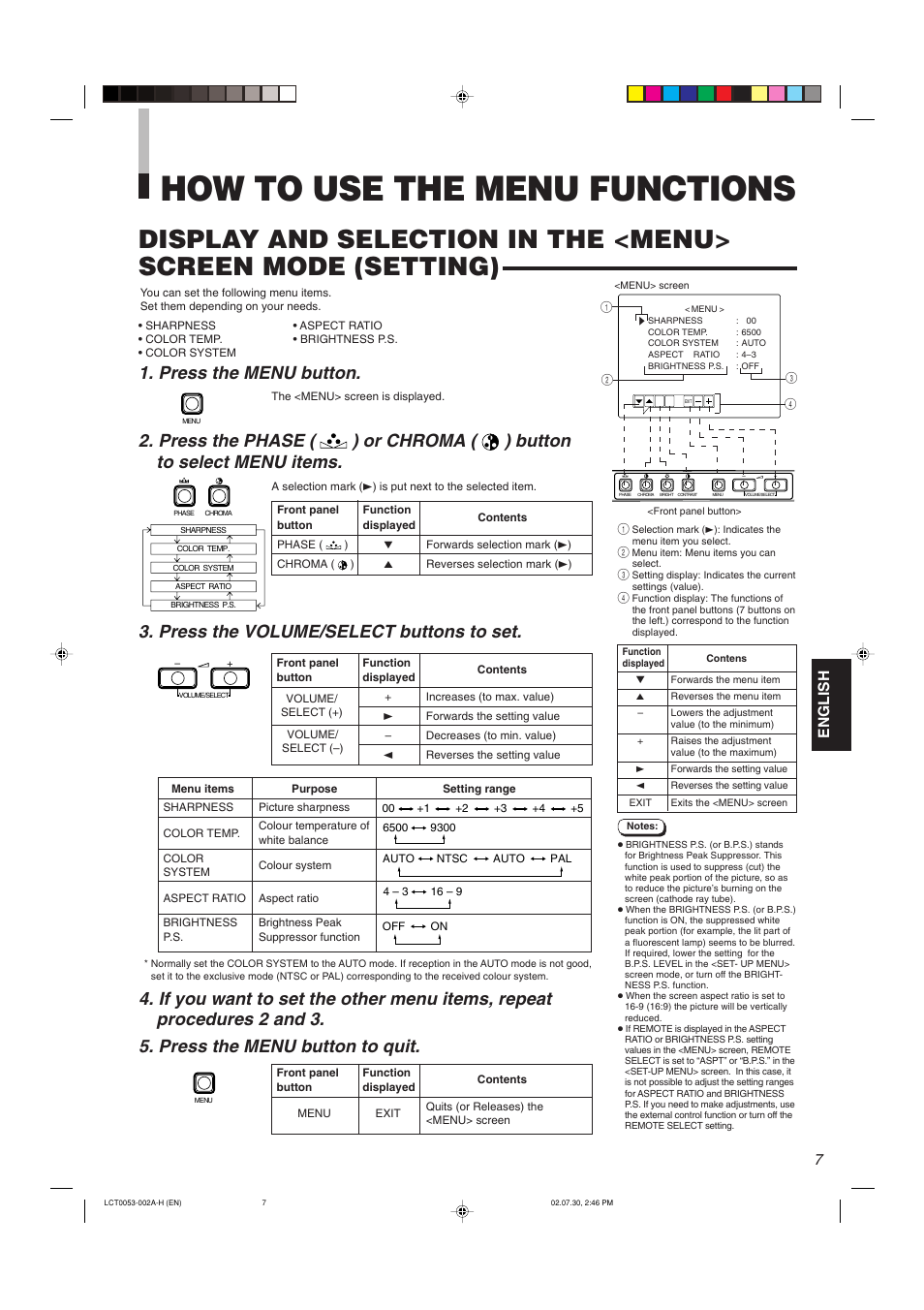 How to use the menu functions, Press the menu button, Press the volume/select buttons to set | English | JVC TM-2100PN User Manual | Page 9 / 84