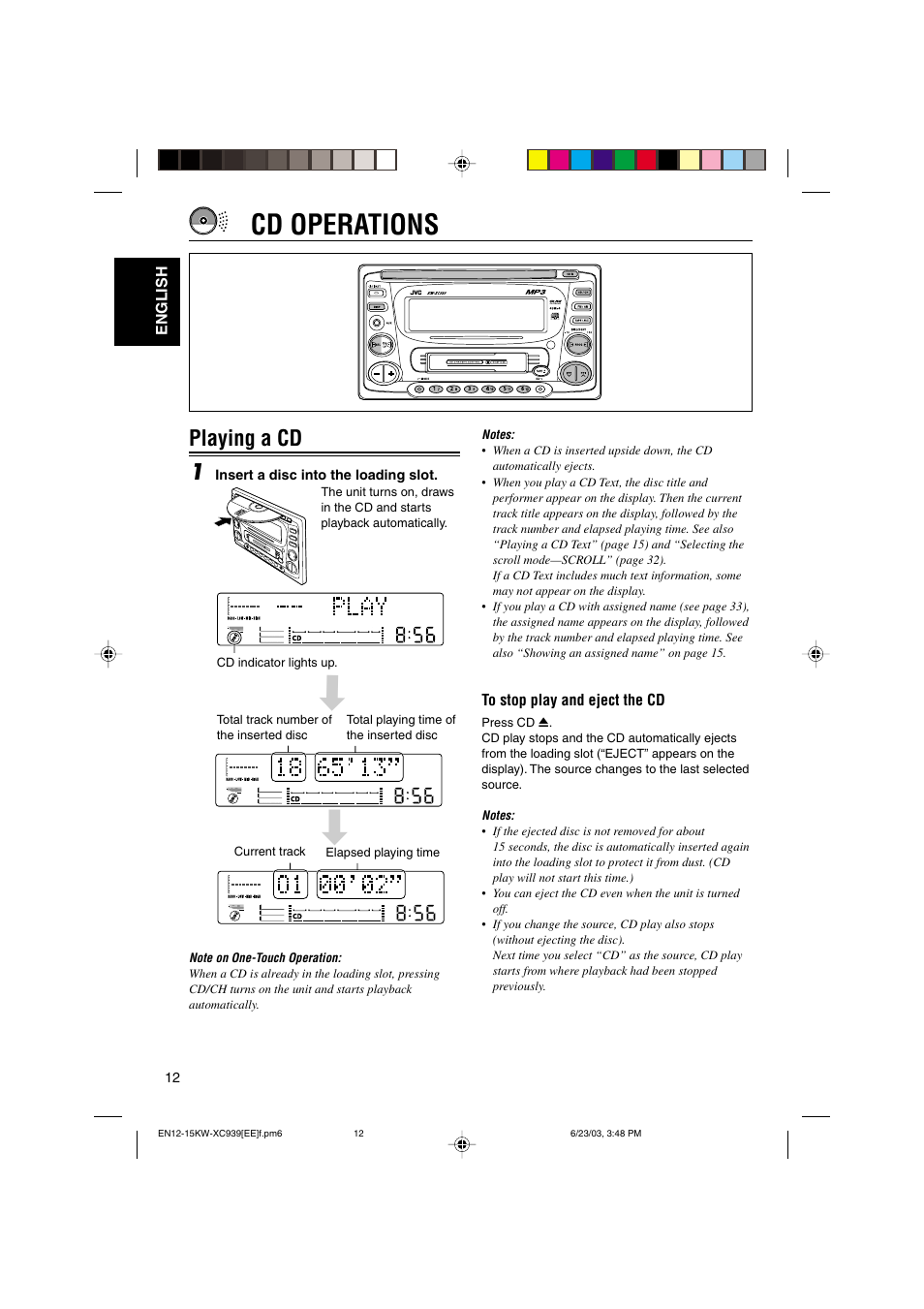 Cd operations, Playing a cd 1 | JVC LVT1099-001A User Manual | Page 12 / 50