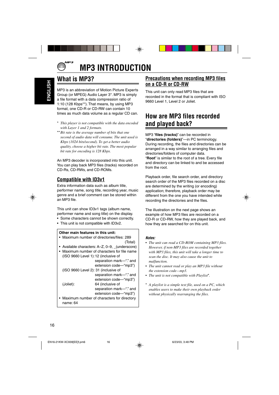 Mp3 introduction, What is mp3, How are mp3 files recorded and played back | Compatible with id3v1 | JVC LVT1099-001A User Manual | Page 16 / 50