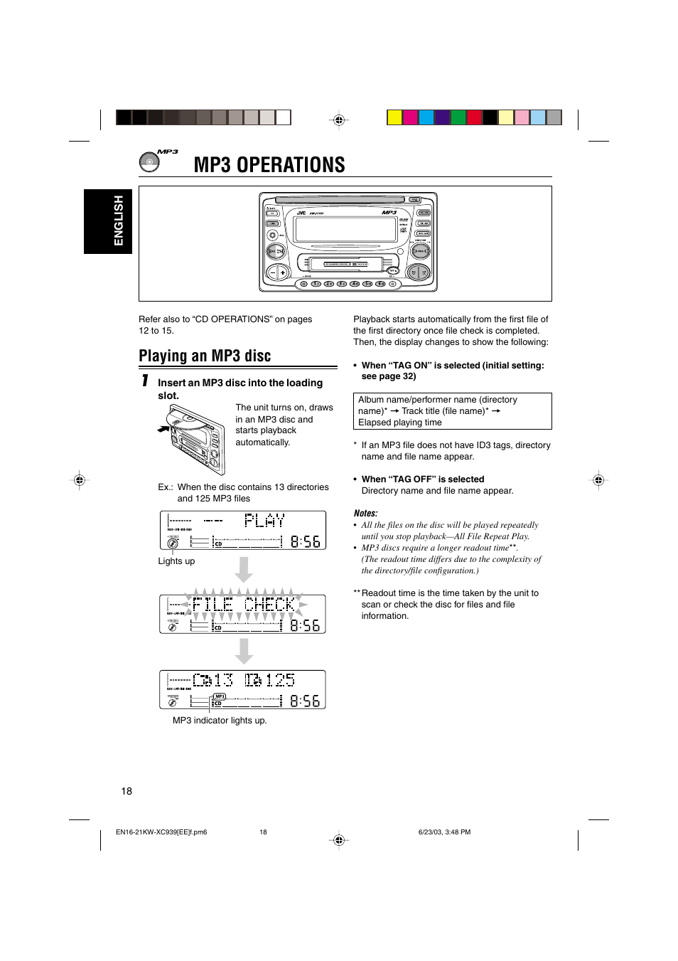 Mp3 operations, Playing an mp3 disc 1 | JVC LVT1099-001A User Manual | Page 18 / 50