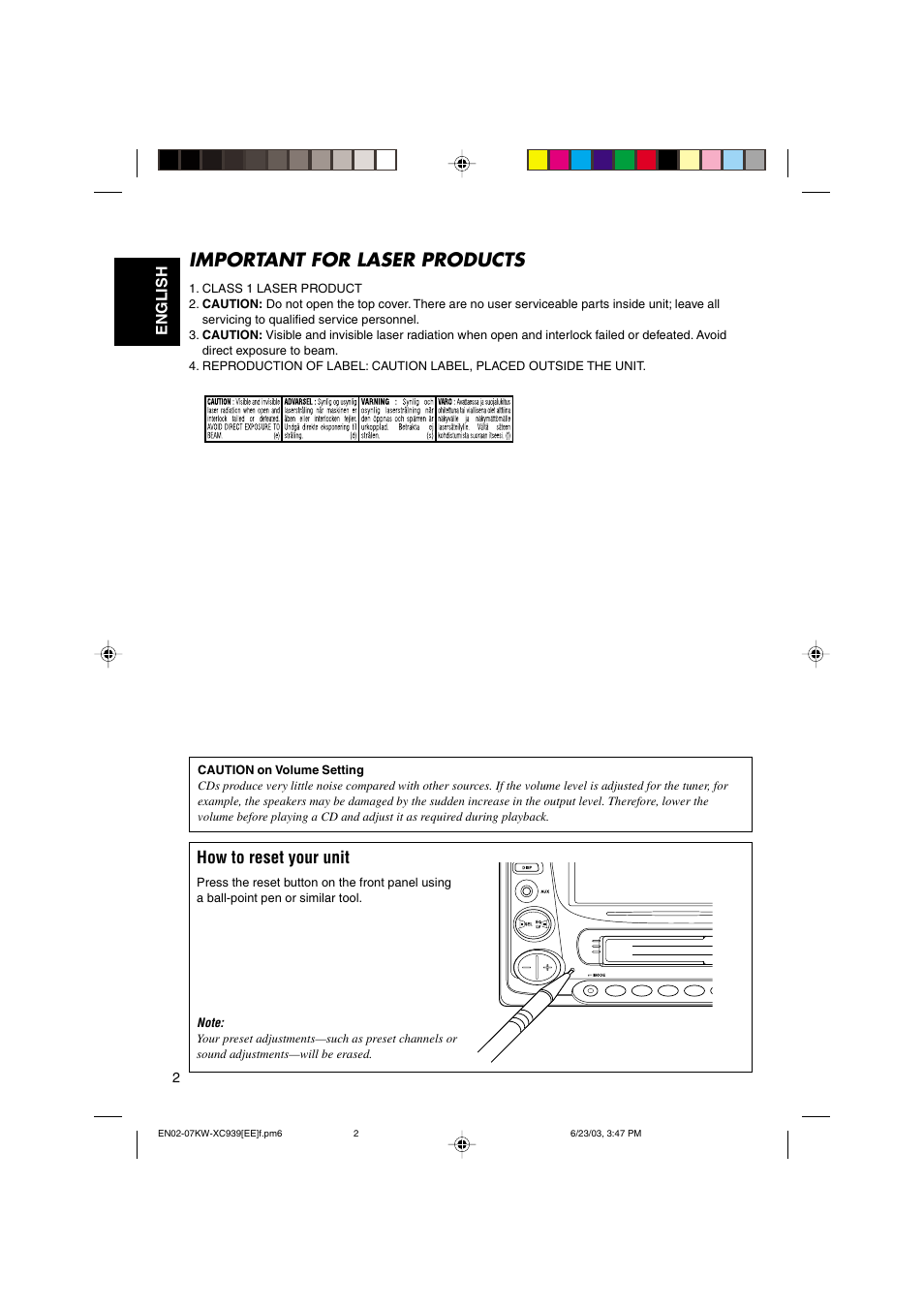 Important for laser products, How to reset your unit | JVC LVT1099-001A User Manual | Page 2 / 50