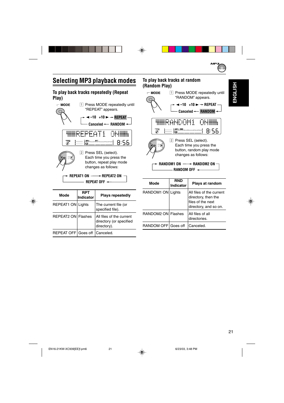 Selecting mp3 playback modes | JVC LVT1099-001A User Manual | Page 21 / 50