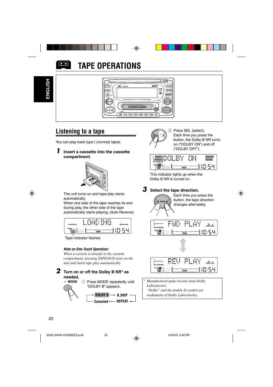 Tape operations, Listening to a tape | JVC LVT1099-001A User Manual | Page 22 / 50