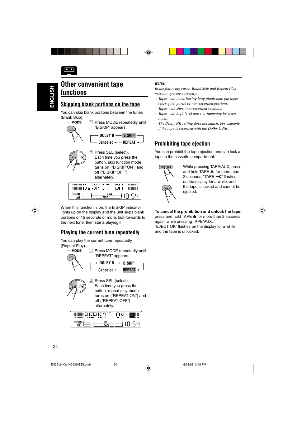 Other convenient tape functions, Skipping blank portions on the tape, Playing the current tune repeatedly | Prohibiting tape ejection, English | JVC LVT1099-001A User Manual | Page 24 / 50
