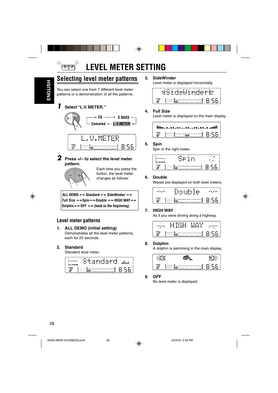 Level meter setting, Selecting level meter patterns | JVC LVT1099-001A User Manual | Page 28 / 50