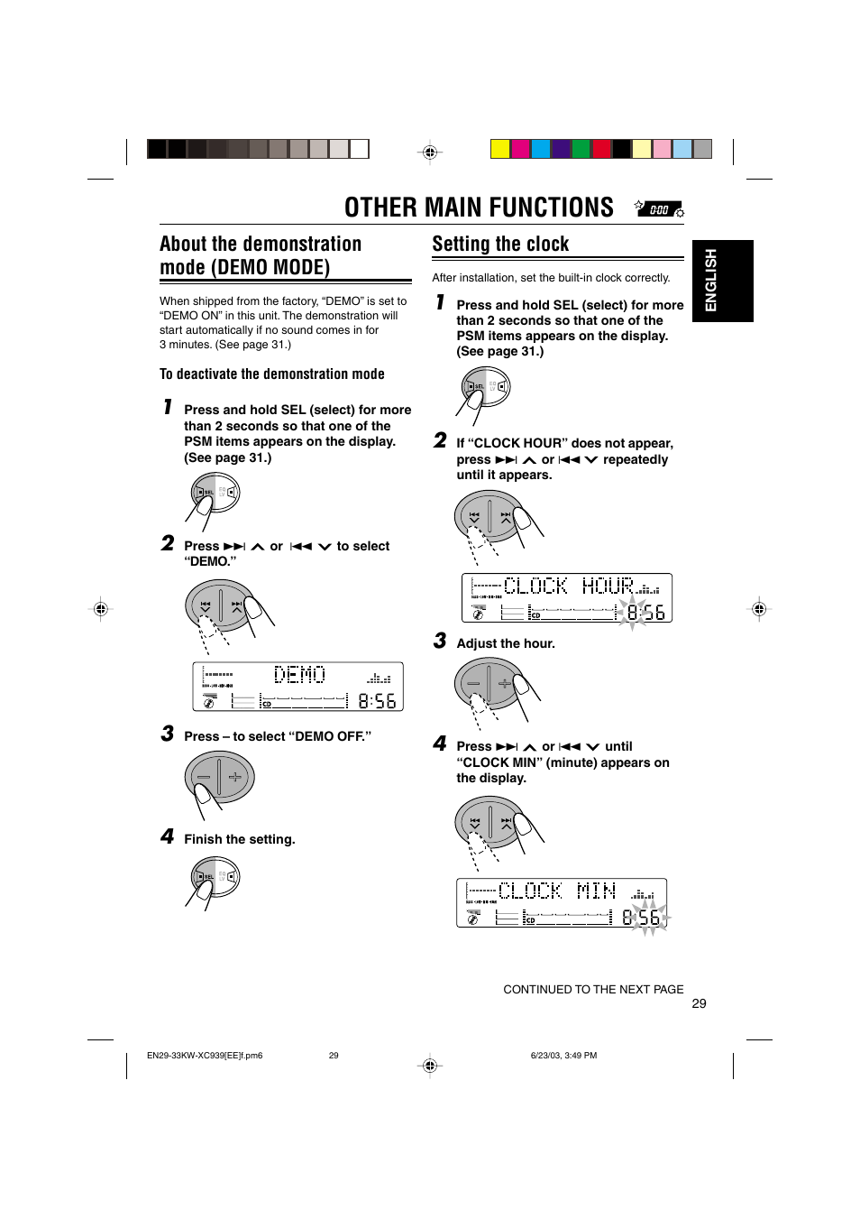 Other main functions, About the demonstration mode (demo mode), Setting the clock | JVC LVT1099-001A User Manual | Page 29 / 50