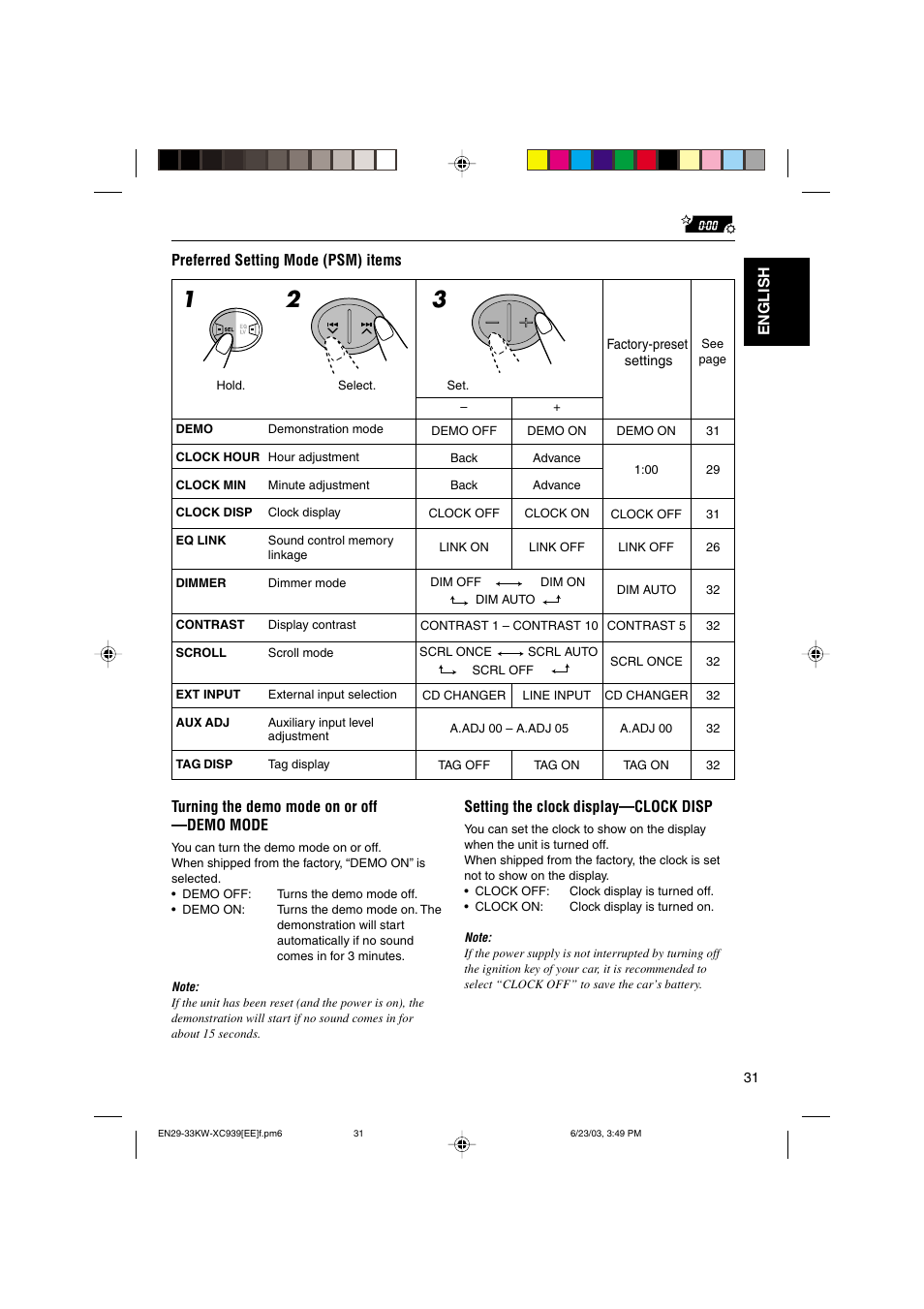 English preferred setting mode (psm) items, Turning the demo mode on or off —demo mode, Setting the clock display—clock disp | JVC LVT1099-001A User Manual | Page 31 / 50