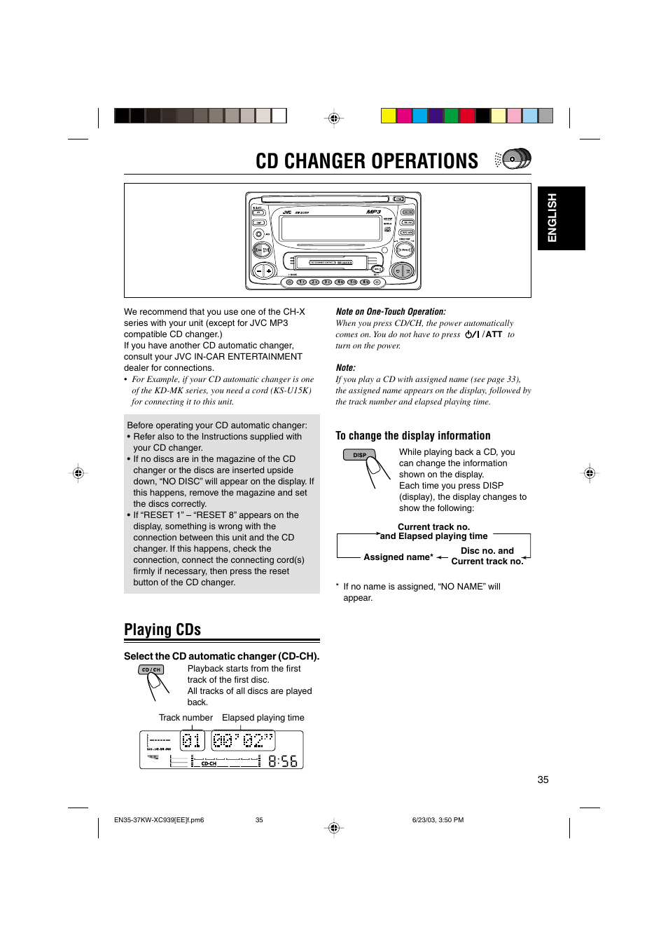 Cd changer operations, Playing cds | JVC LVT1099-001A User Manual | Page 35 / 50