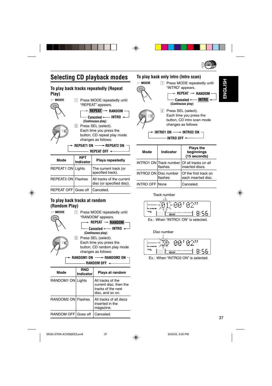 Selecting cd playback modes, English to play back only intro (intro scan) | JVC LVT1099-001A User Manual | Page 37 / 50
