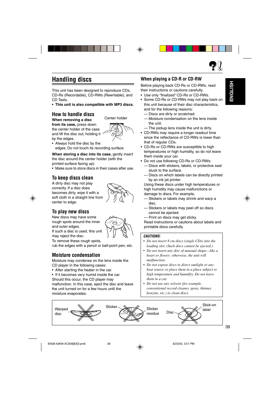 Handling discs, How to handle discs, Moisture condensation | JVC LVT1099-001A User Manual | Page 39 / 50