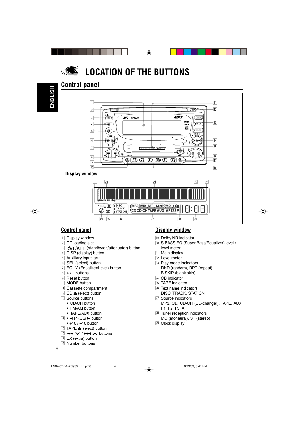 Location of the buttons, Control panel, Display window | JVC LVT1099-001A User Manual | Page 4 / 50