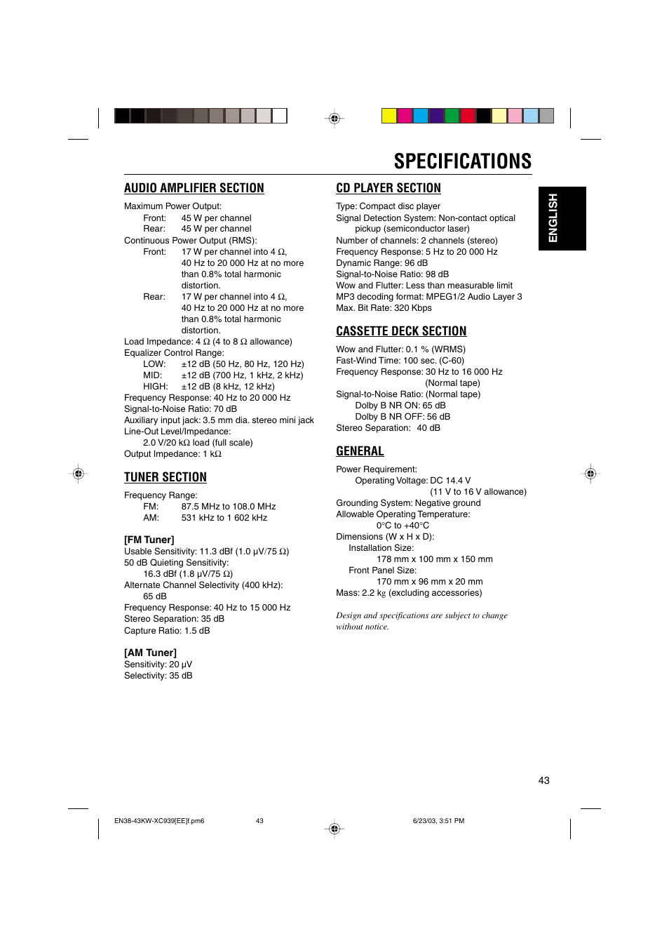 Specifications, General | JVC LVT1099-001A User Manual | Page 43 / 50