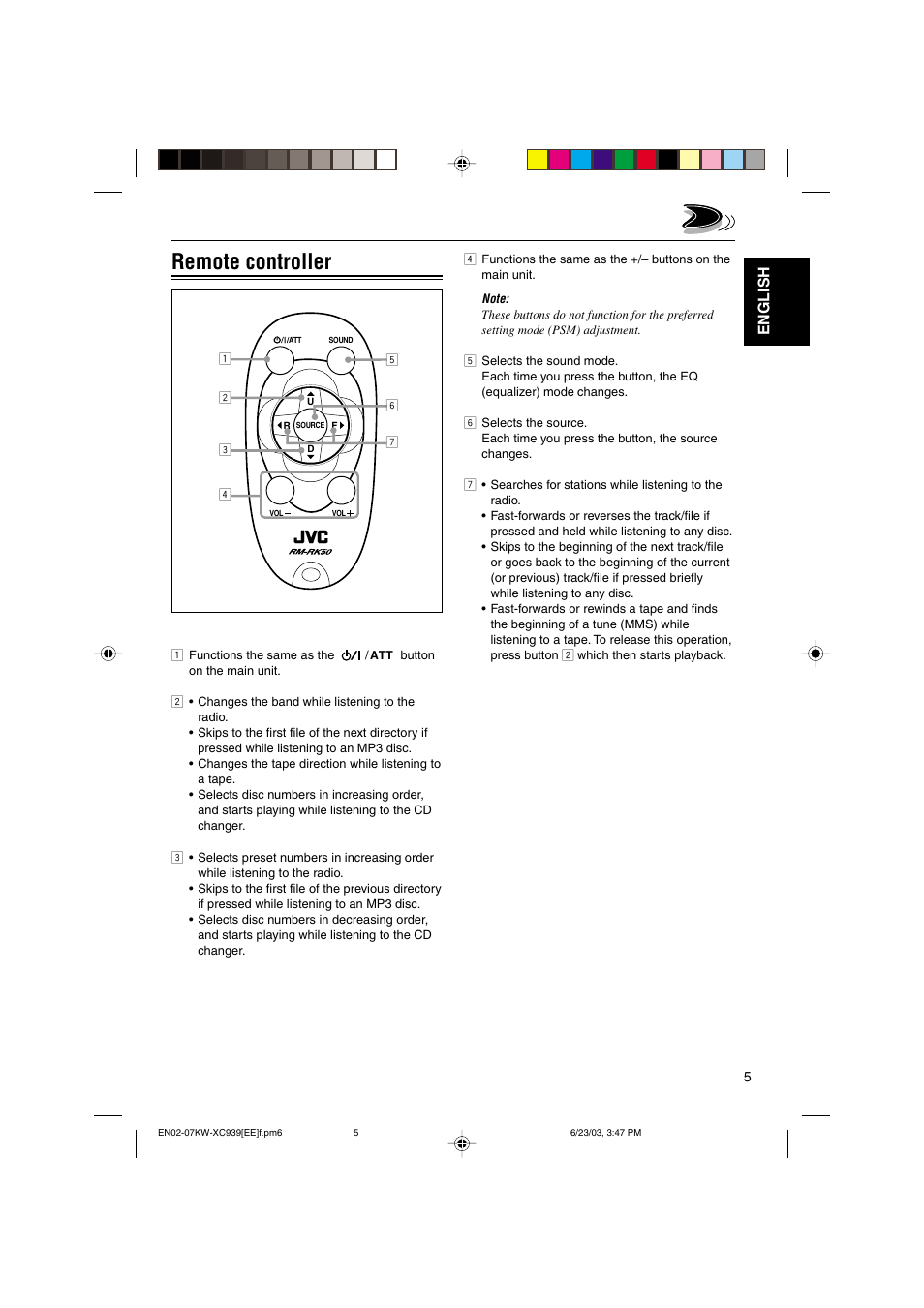Remote controller, English | JVC LVT1099-001A User Manual | Page 5 / 50