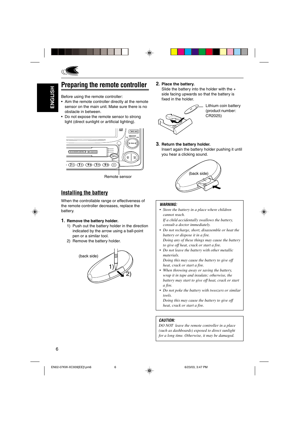 Preparing the remote controller, Installing the battery | JVC LVT1099-001A User Manual | Page 6 / 50
