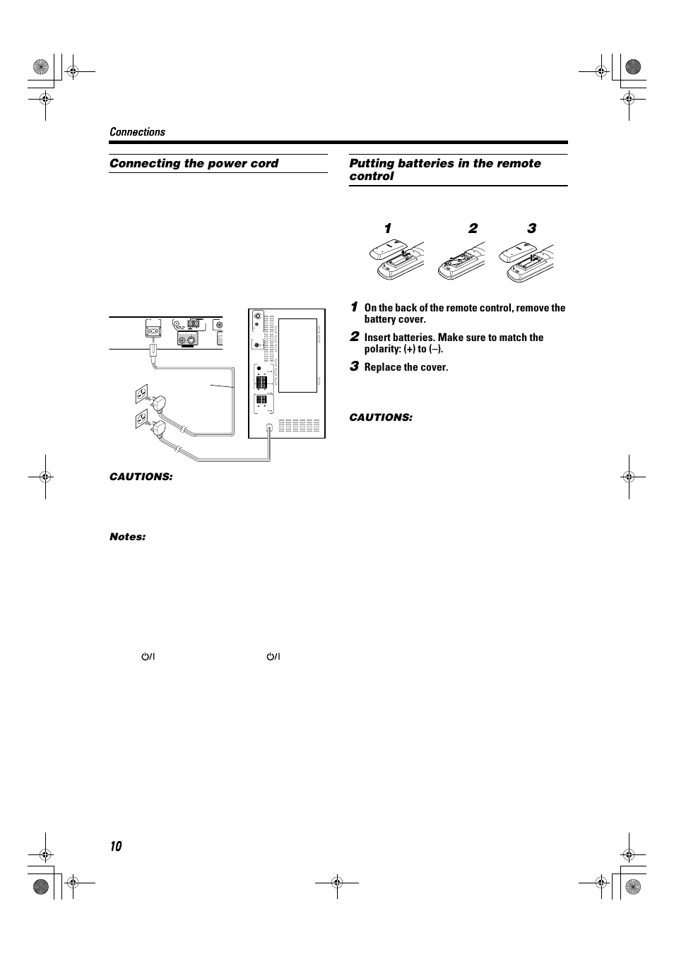 Connecting the power cord, Putting batteries in the remote control, Connections | Replace the cover, Cautions | JVC TH-A9R User Manual | Page 12 / 65