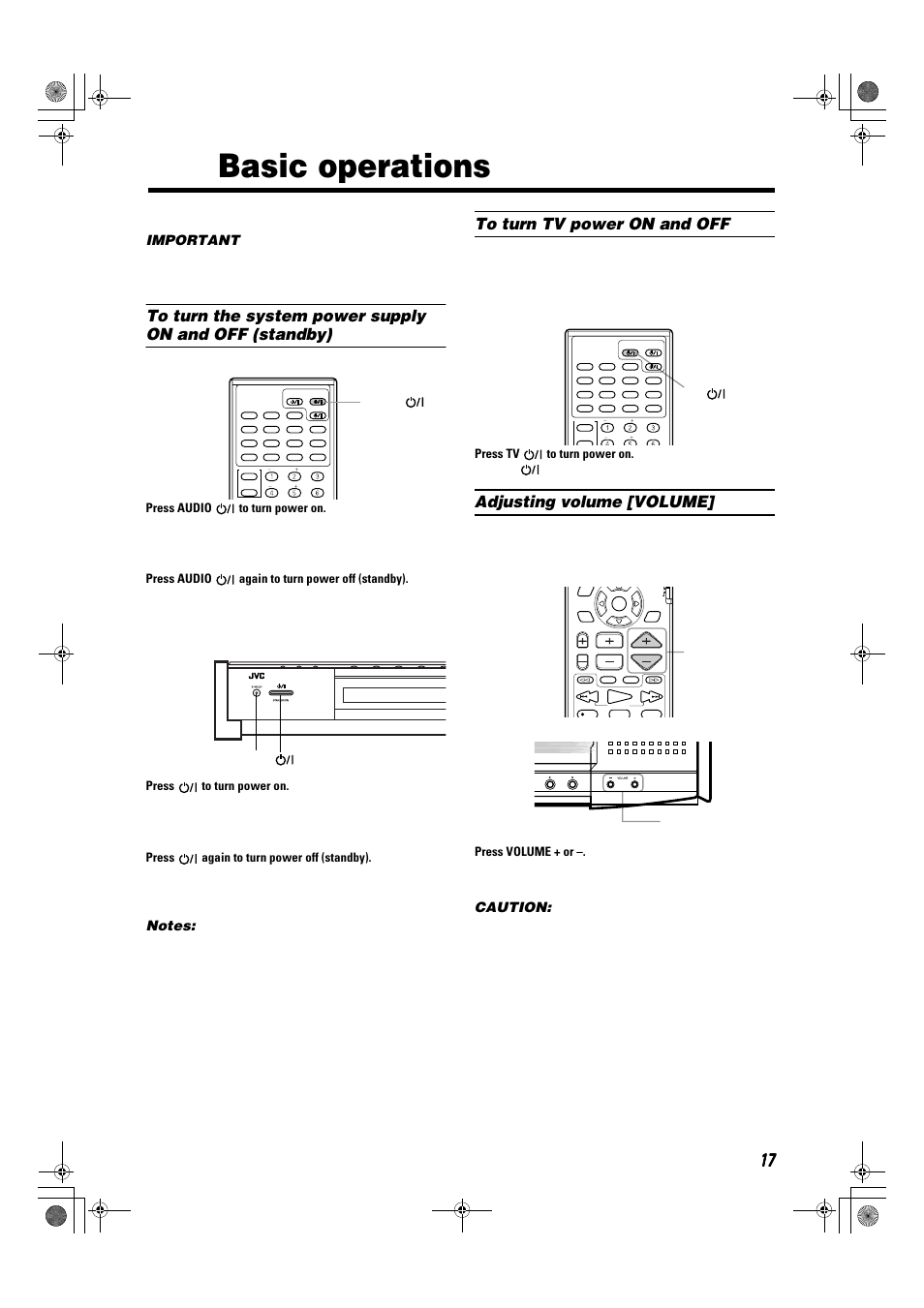 Basic operations, Adjusting volume [volume, Important | Caution, Press audio to turn power on, Press audio again to turn power off (standby), Press to turn power on, Press again to turn power off (standby), Press tv to turn power on, Press volume + or | JVC TH-A9R User Manual | Page 19 / 65