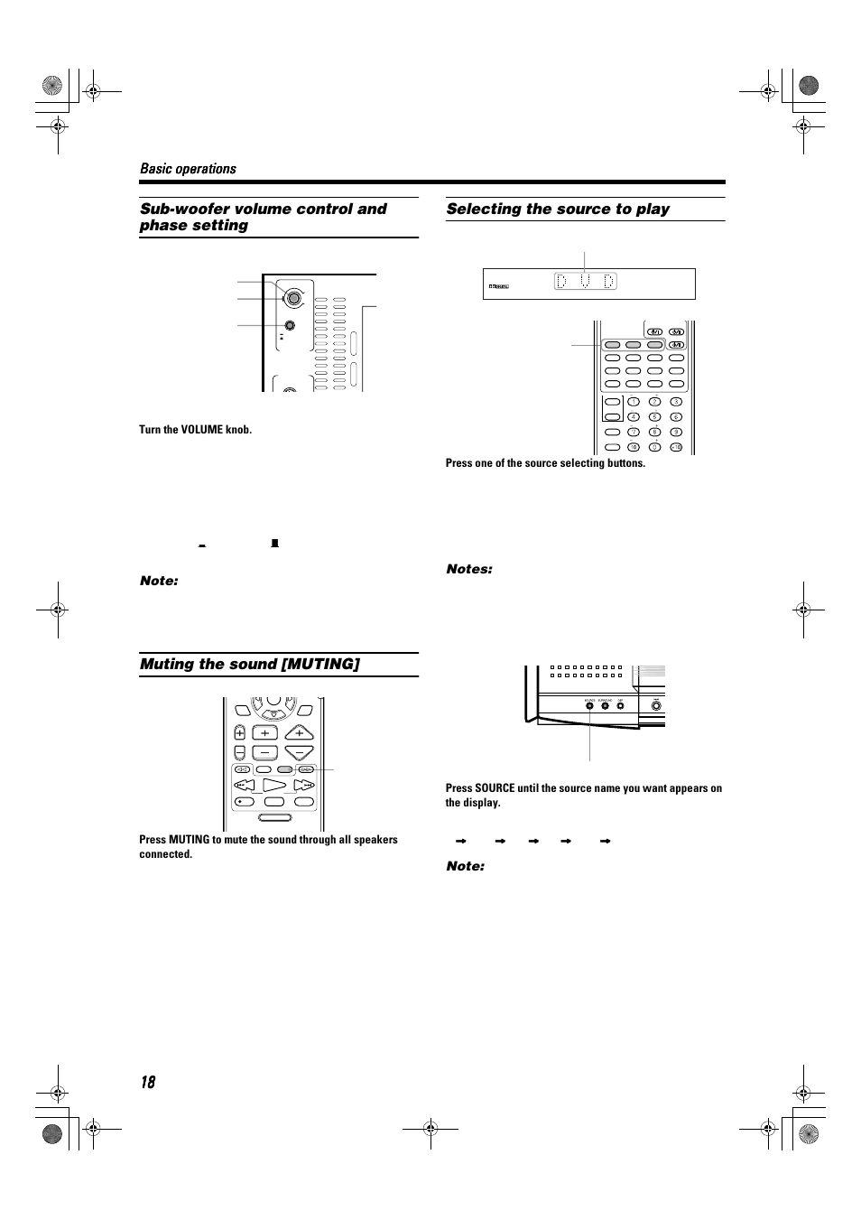 Sub-woofer volume control and phase setting, Muting the sound [muting, Selecting the source to play | Basic operations, Volume control, Phase setting, Turn the volume knob, Press one of the source selecting buttons | JVC TH-A9R User Manual | Page 20 / 65