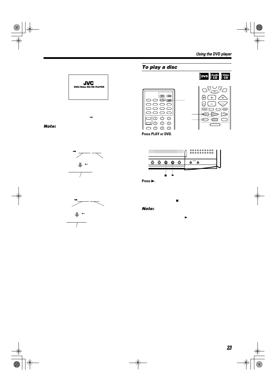 Using the dvd player, Display when a disc is inserted, When a dvd is inserted | When a video cd is inserted, When an audio cd is inserted, Press play or dvd, Press 3 3 3 3 | JVC TH-A9R User Manual | Page 25 / 65