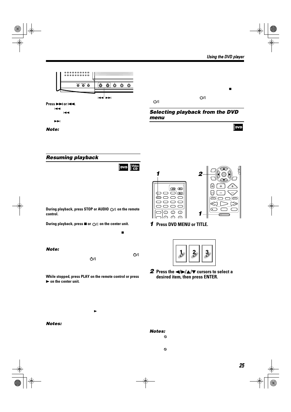 Resuming playback, Selecting playback from the dvd menu, Press dvd menu or title | Using the dvd player | JVC TH-A9R User Manual | Page 27 / 65