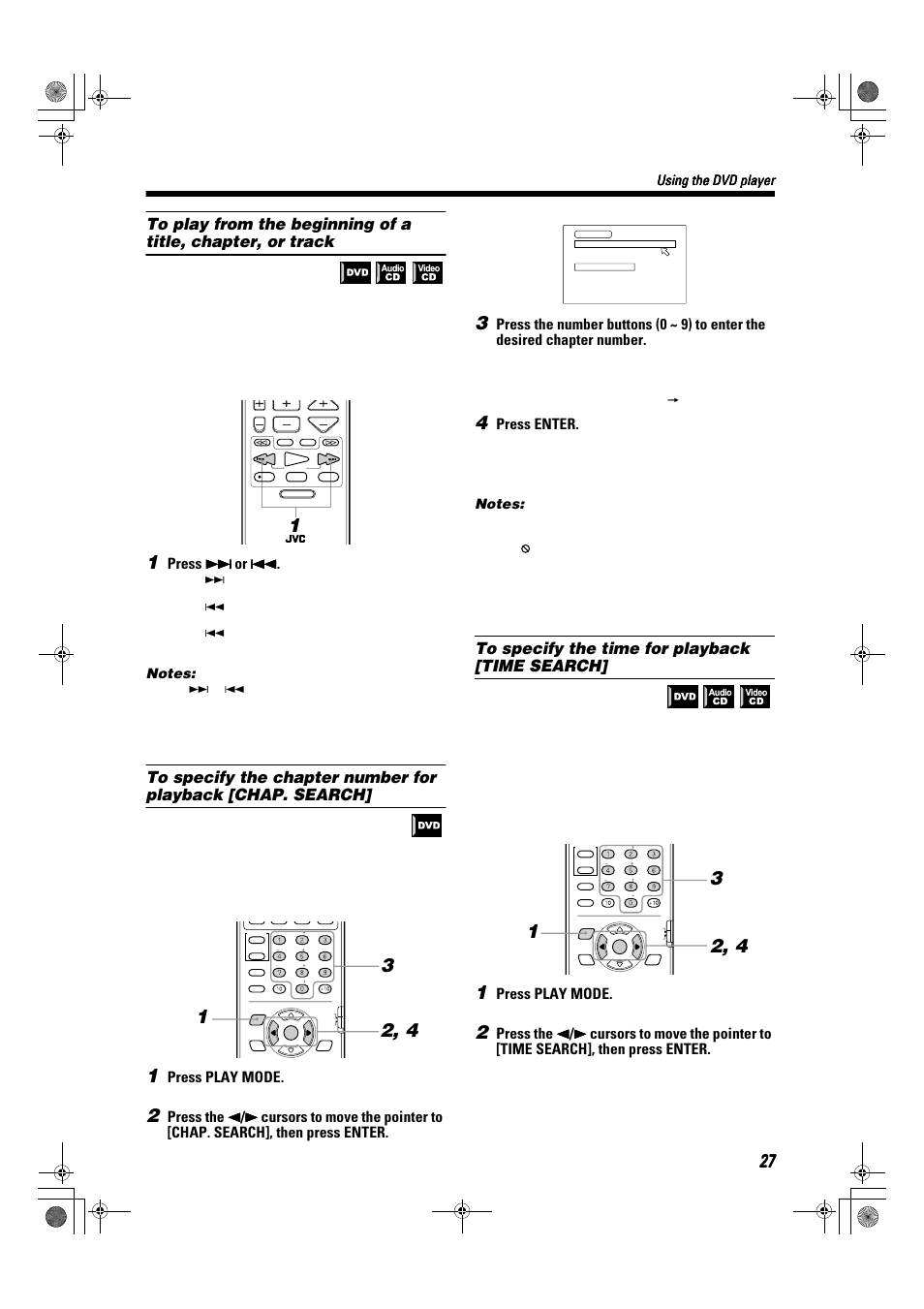 Press ¢ ¢ ¢ ¢ or 4 4 4 4, Press play mode, Press enter | Using the dvd player | JVC TH-A9R User Manual | Page 29 / 65