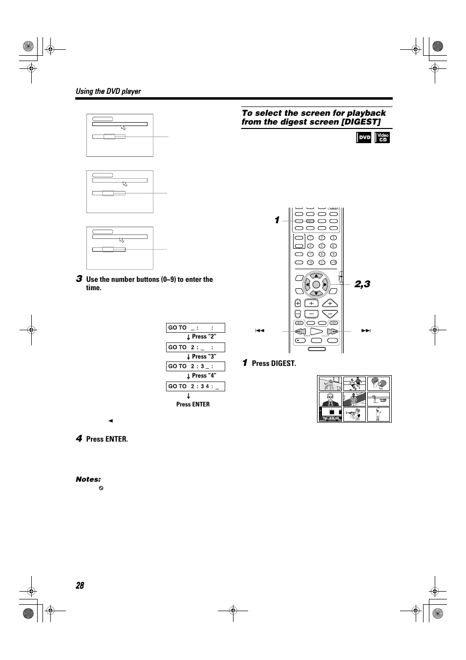 Using the dvd player, Use the number buttons (0~9) to enter the time, Press enter | Press digest, Press “2” press “3” press “4 | JVC TH-A9R User Manual | Page 30 / 65