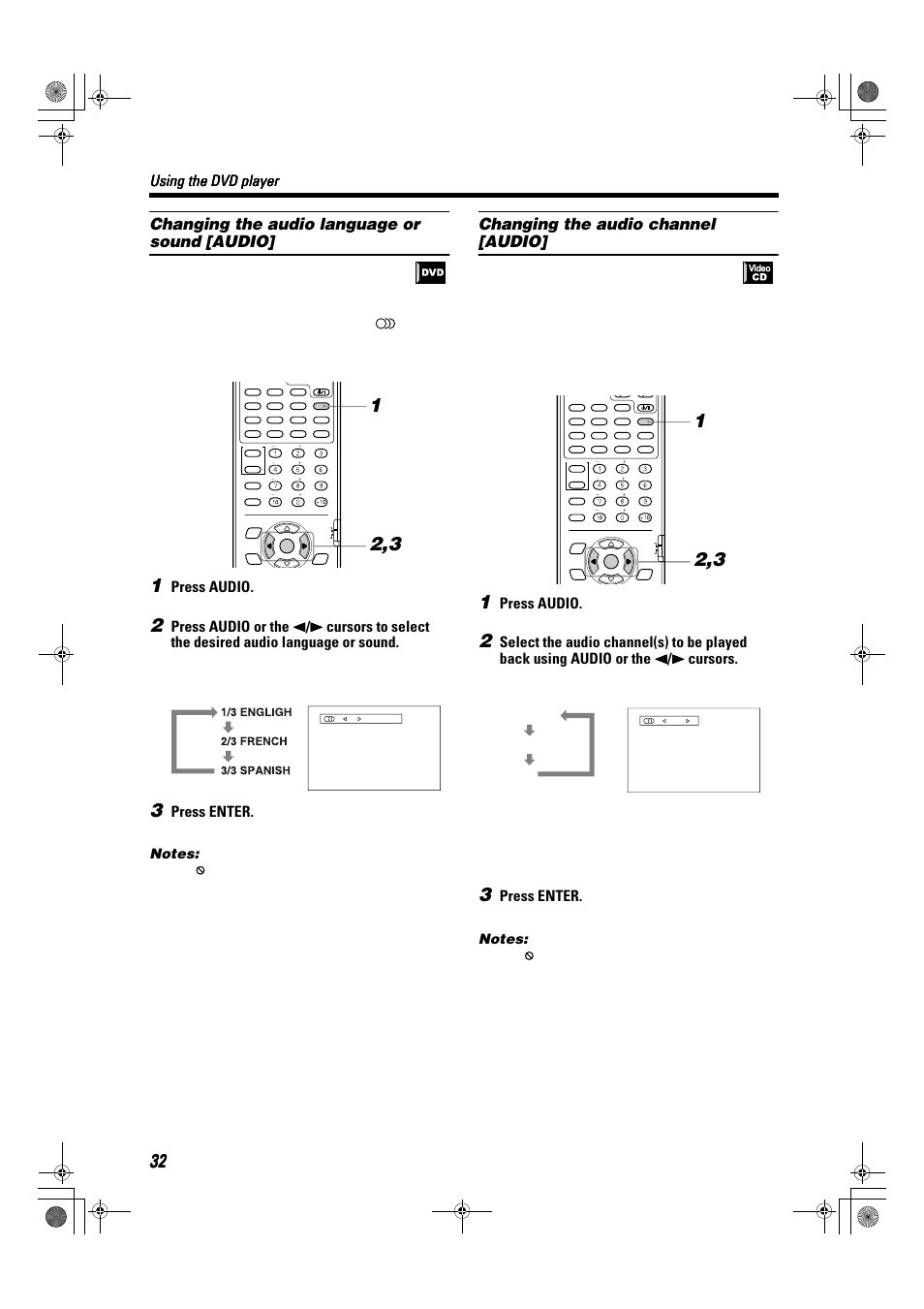 Changing the audio language or sound [audio, Changing the audio channel [audio, Using the dvd player | Press audio, Press enter | JVC TH-A9R User Manual | Page 34 / 65