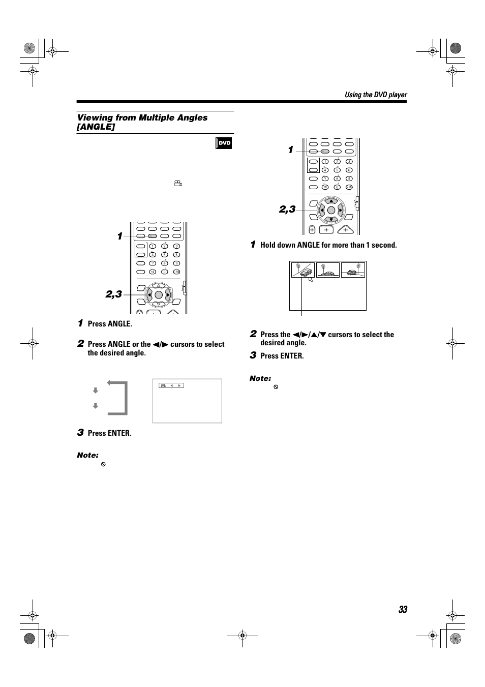 Viewing from multiple angles [angle, Press angle, Press enter | Hold down angle for more than 1 second, Using the dvd player, Using the angle button, Selecting an angle from the angle list display | JVC TH-A9R User Manual | Page 35 / 65