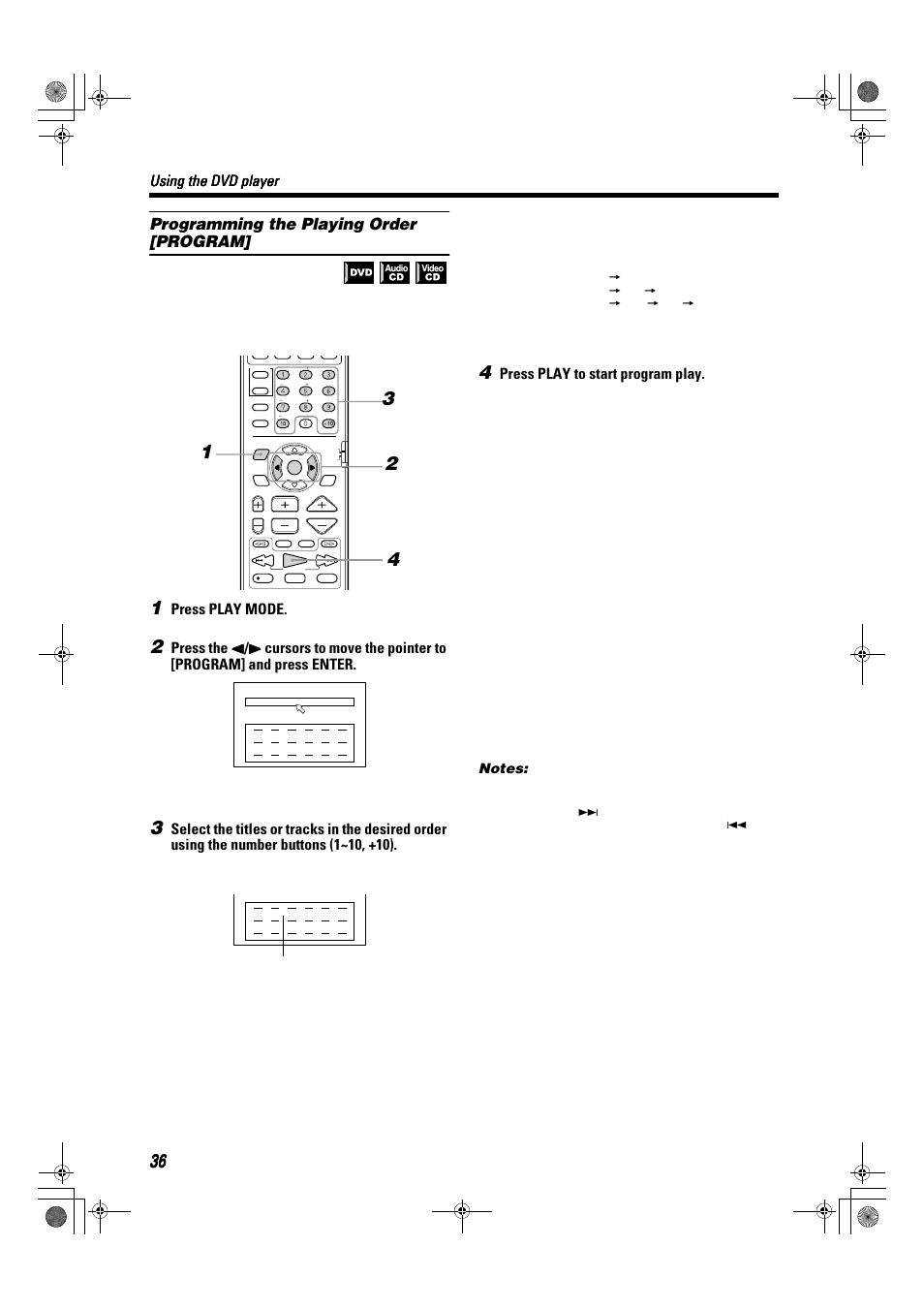 Programming the playing order [program, Using the dvd player, Press play mode | Press play to start program play | JVC TH-A9R User Manual | Page 38 / 65