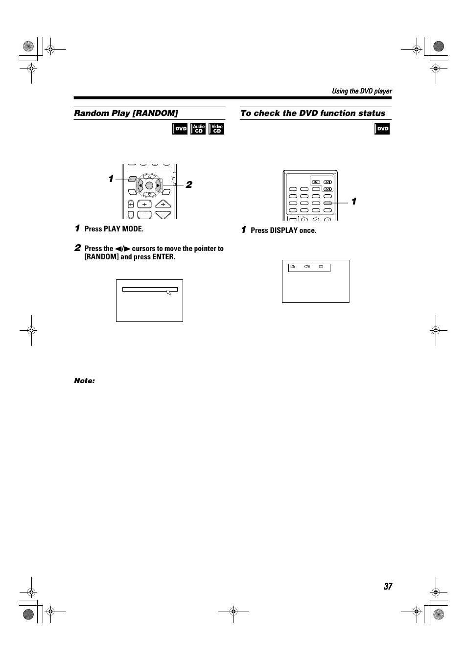 Random play [random, Press play mode, Press display once | Using the dvd player | JVC TH-A9R User Manual | Page 39 / 65