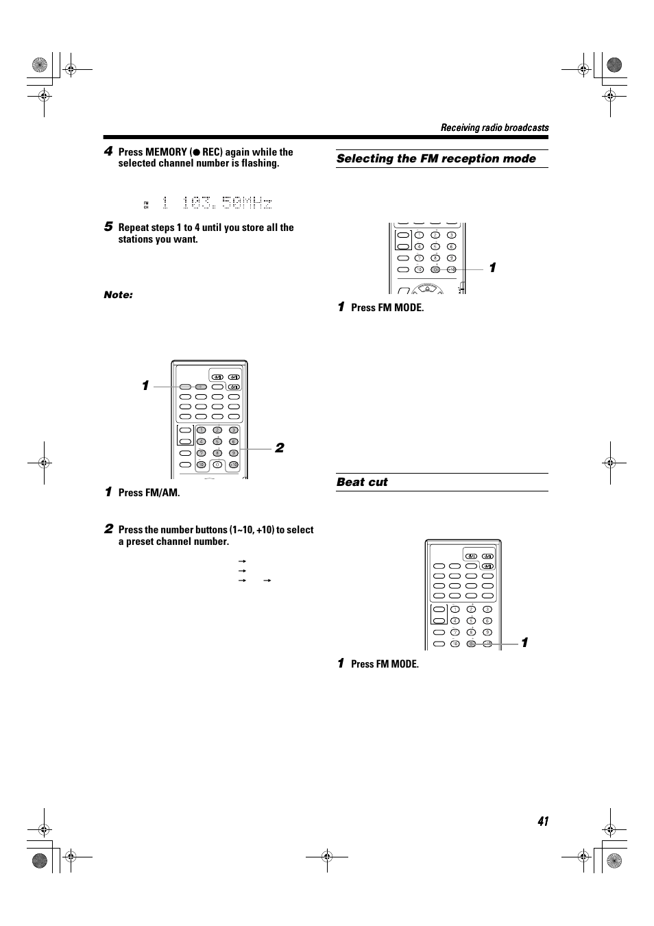Selecting the fm reception mode, Beat cut, Press fm/am | Press fm mode, Receiving radio broadcasts | JVC TH-A9R User Manual | Page 43 / 65
