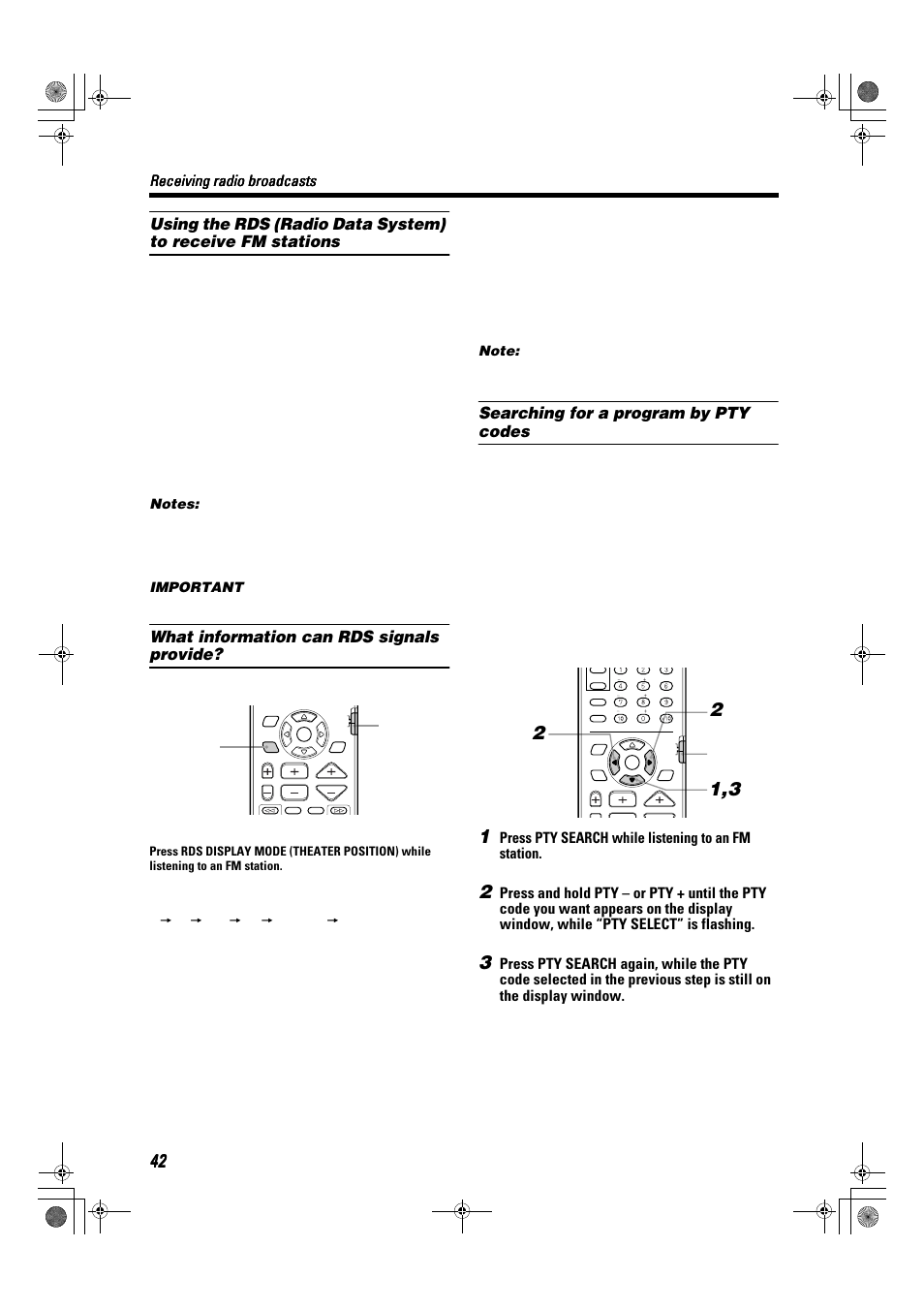 What information can rds signals provide, Searching for a program by pty codes, Receiving radio broadcasts | Press pty search while listening to an fm station, Important, About characters shown in the display window | JVC TH-A9R User Manual | Page 44 / 65