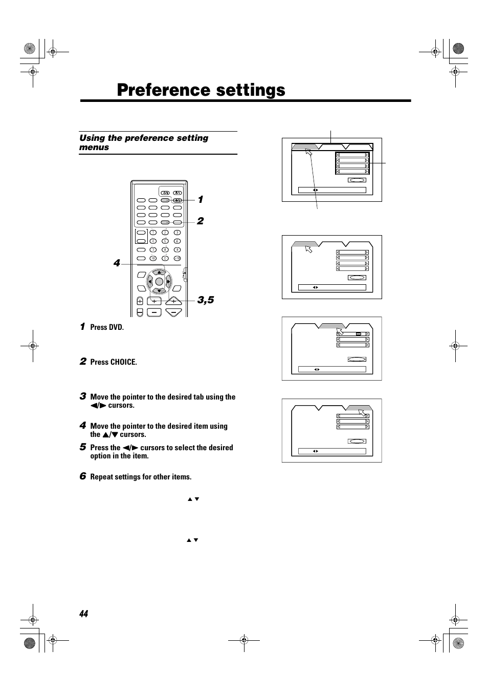 Preference settings, Using the preference setting menus, Press dvd | Press choice, Repeat settings for other items | JVC TH-A9R User Manual | Page 46 / 65