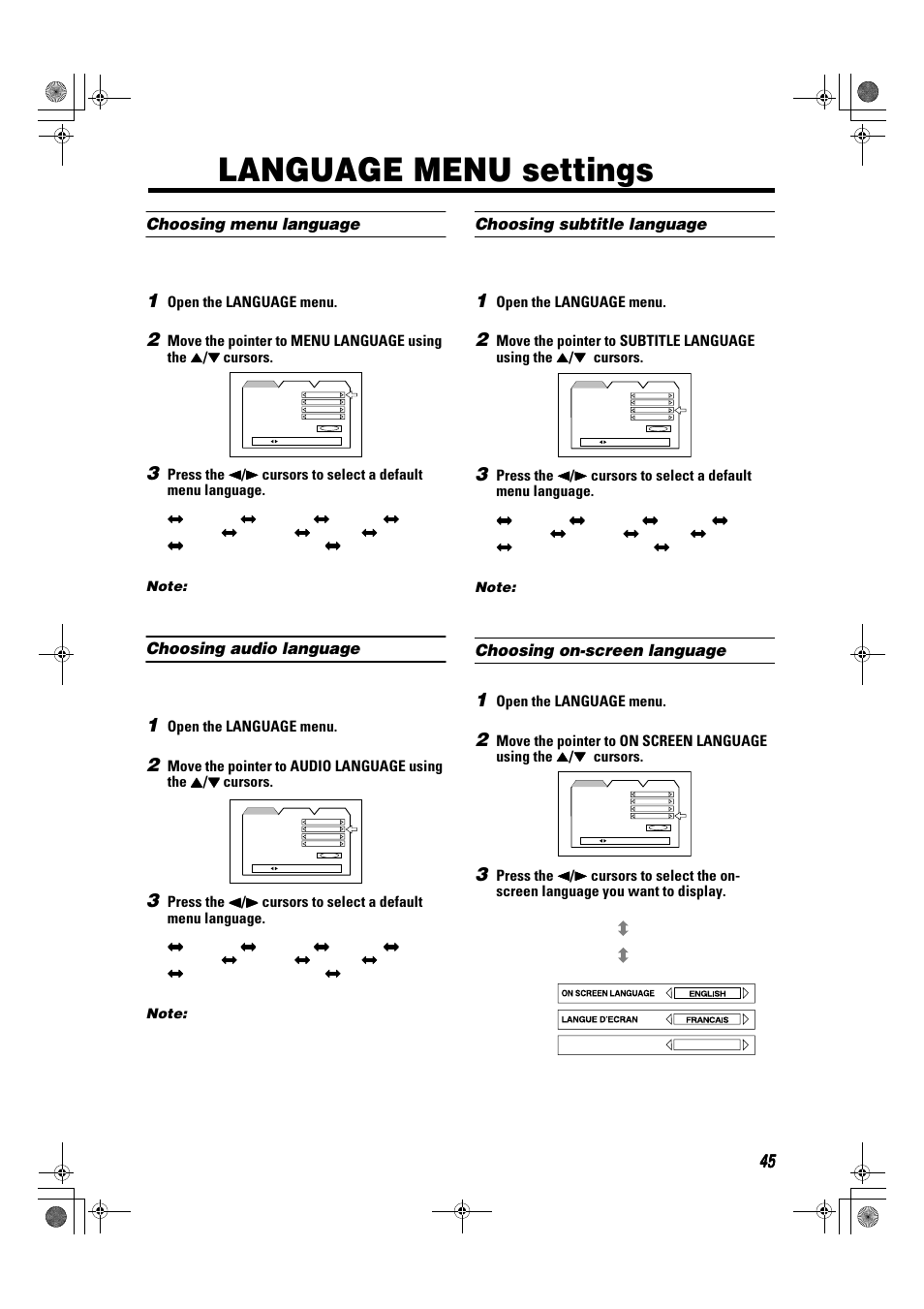 Language menu settings, Choosing menu language, Choosing audio language | Choosing subtitle language, Choosing on-screen language | JVC TH-A9R User Manual | Page 47 / 65