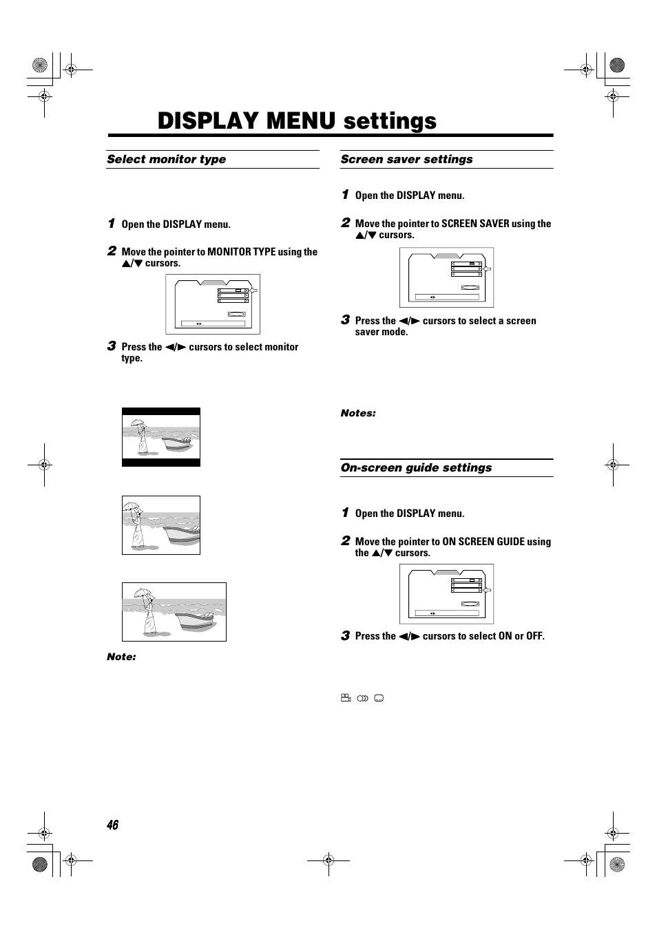 Display menu settings, Select monitor type, Screen saver settings | On-screen guide settings | JVC TH-A9R User Manual | Page 48 / 65